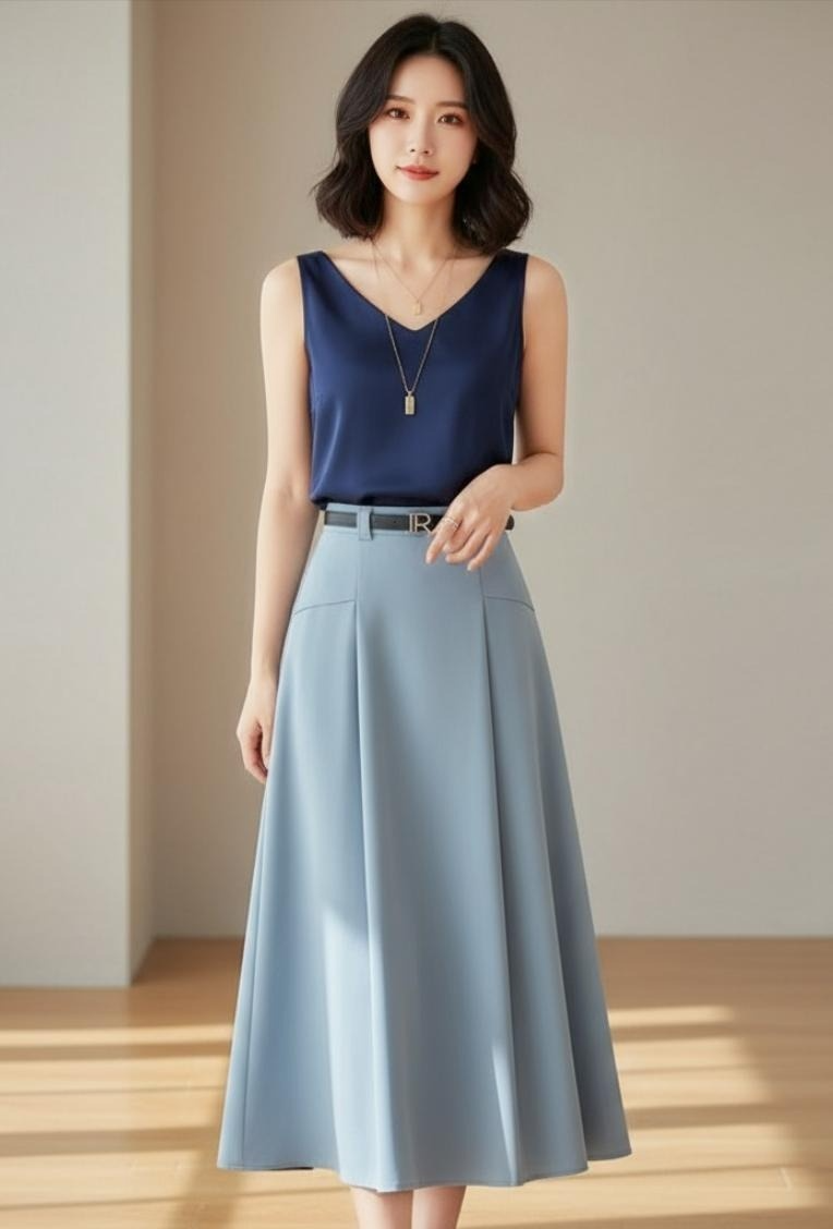 Belted Pleat A-Line Skirt
