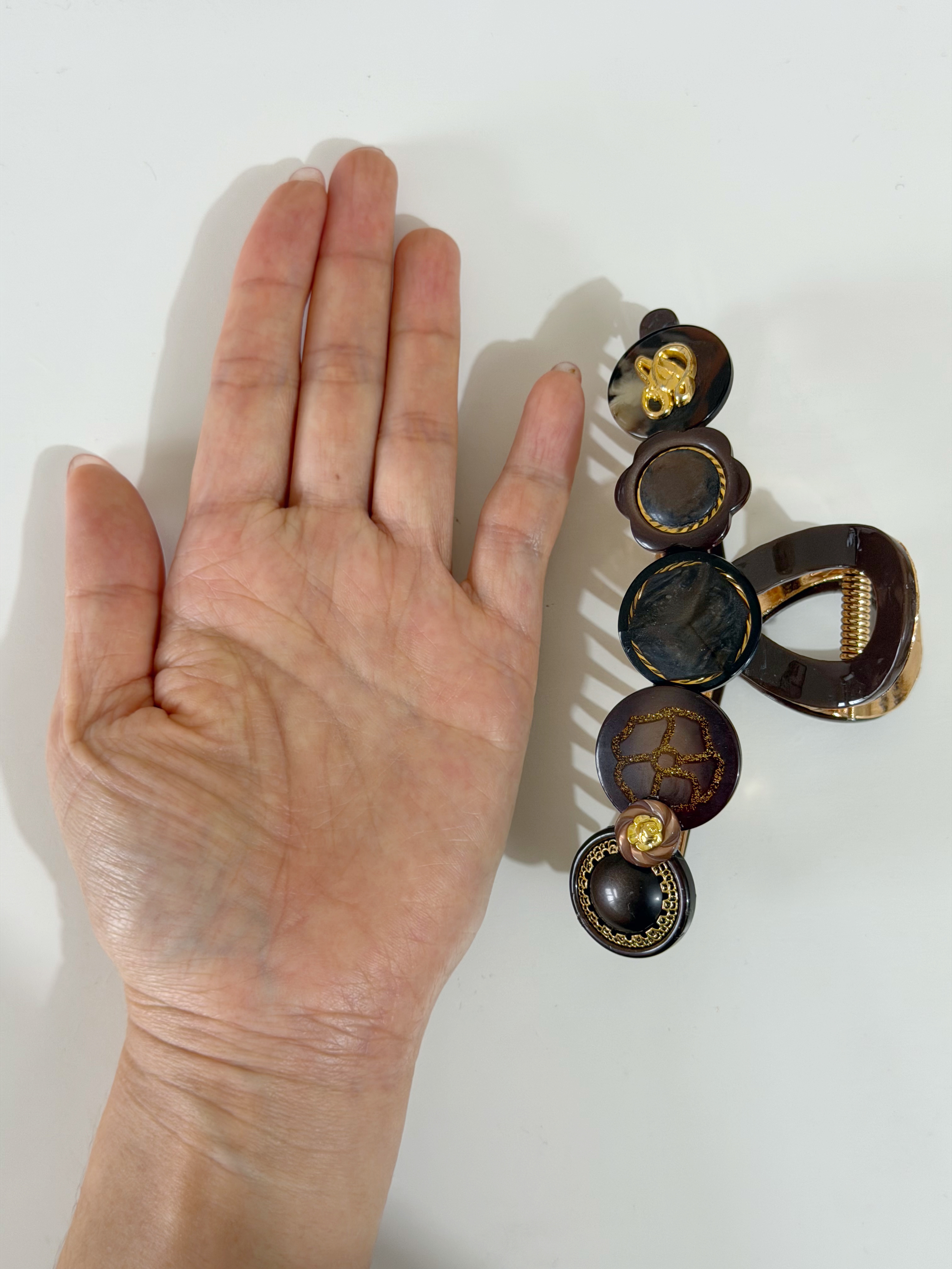 復古鈕扣髮夾/啡橙色系 12cm長