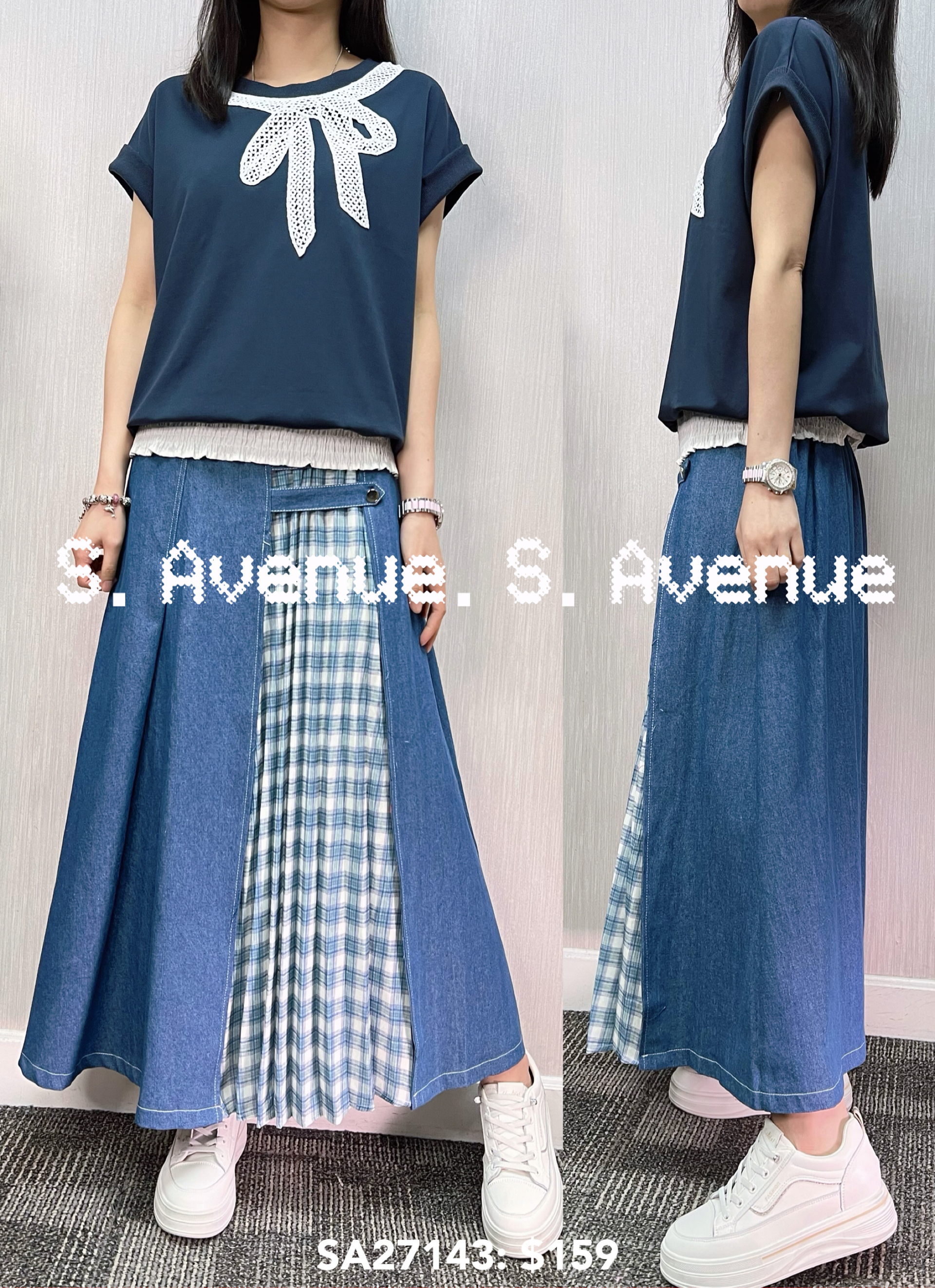 SA27143: 短袖領lace蝴蝶下橡筋top