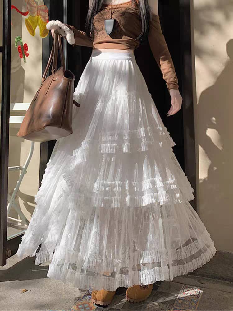Multi-Layered Mesh Maxi Skirt with Lace Trim ‖ 多层次蕾丝拼接网纱长裙 KR037701