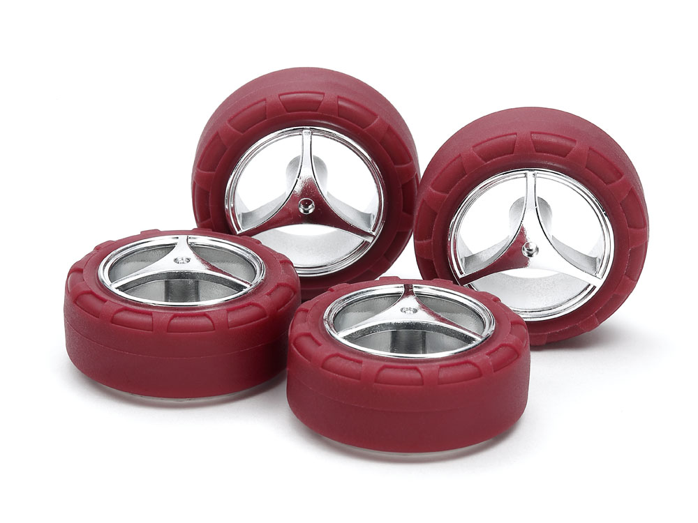 LOW FRICTION SMALL DIA. NARROW TIRES (24mm) & SILVER PLATED 3-SPOKE WHEELS (FOR SUPER X & XX CHASSIS )