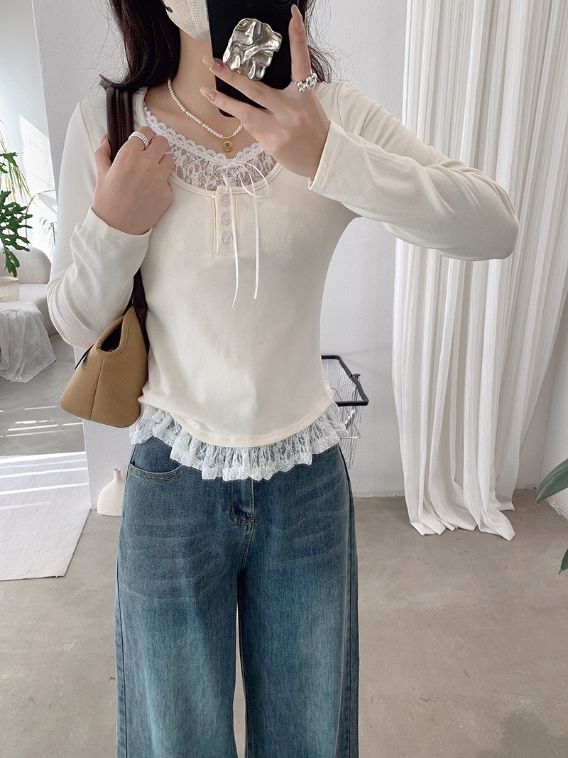 蕾丝花边拼接纯色上衣
