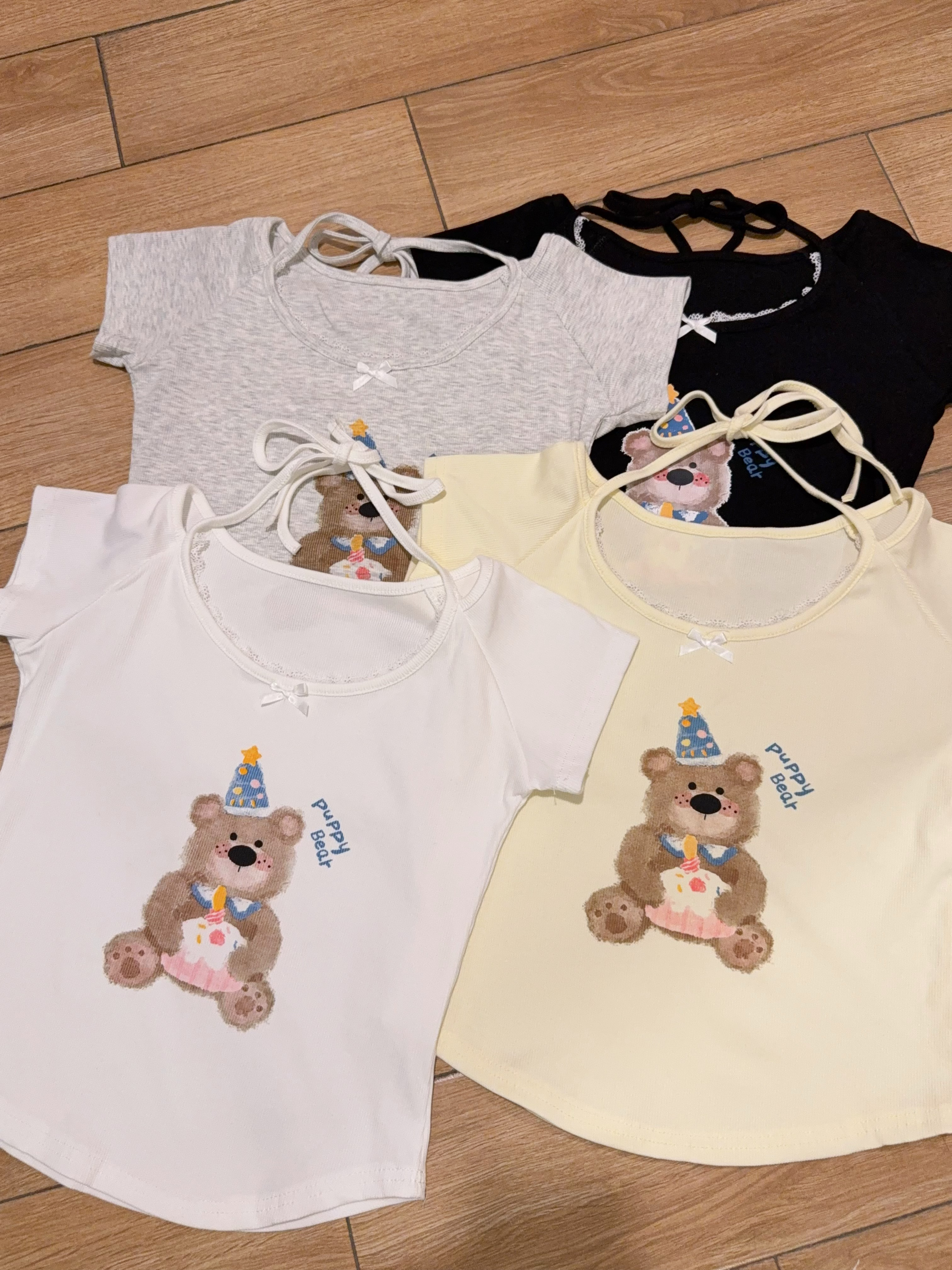 可爱生日小熊挂脖假两件上衣 R2982