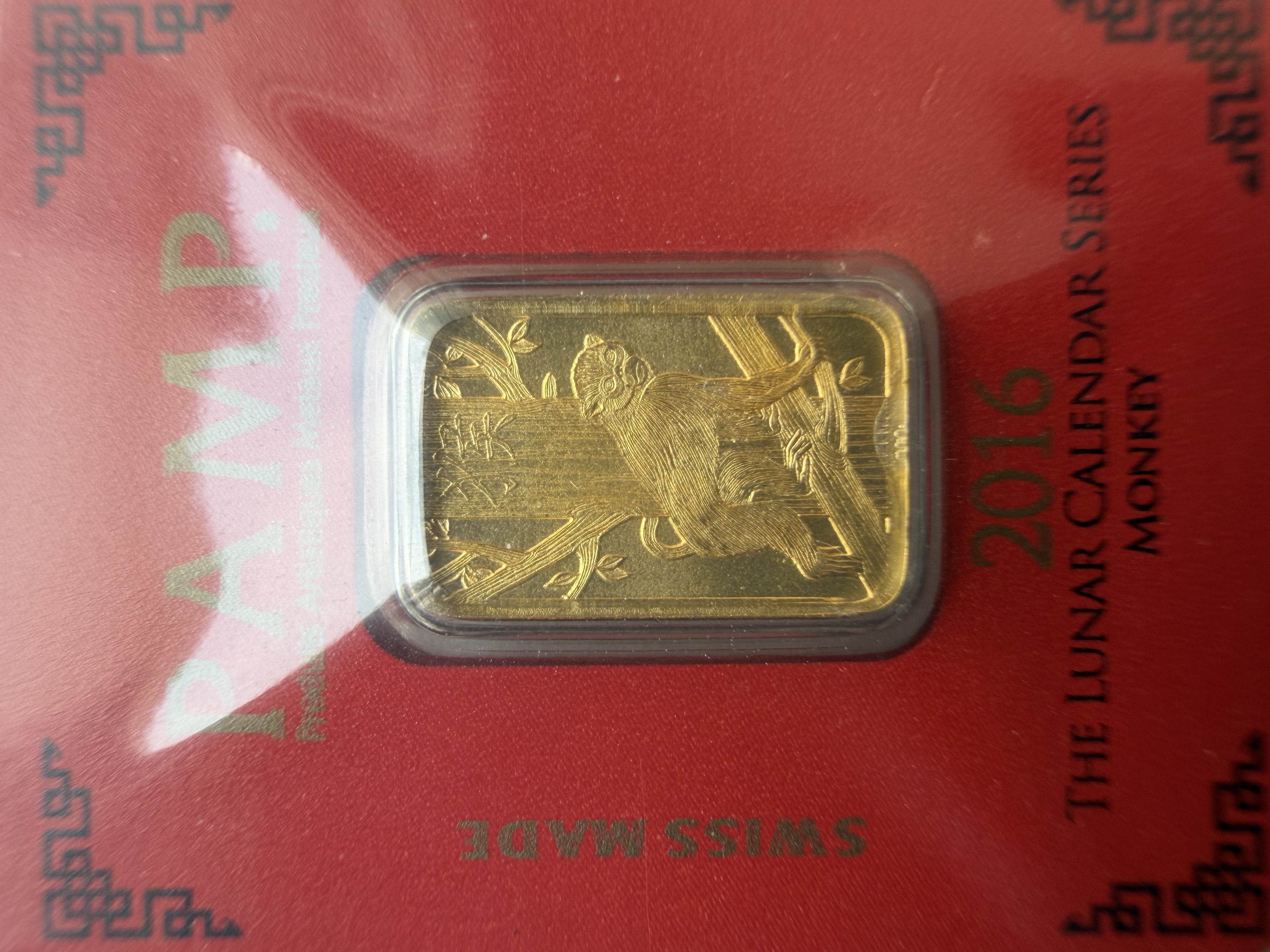 (SN 2392) PAMP Lunar 2016 Monkey 1g🇨🇭Swiss Fine Gold Bar Emas 999.9 瑞士海外限定生肖猴
