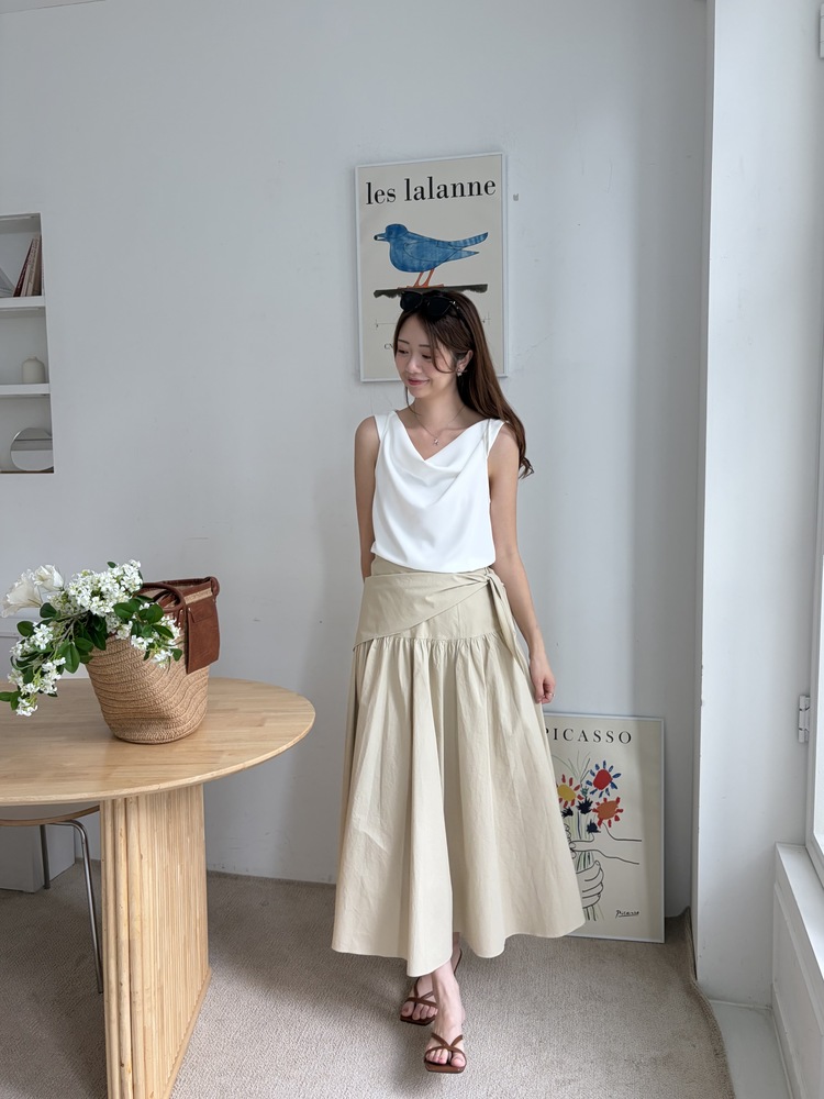 Wrap-Waist Flare Skirt (Beige)