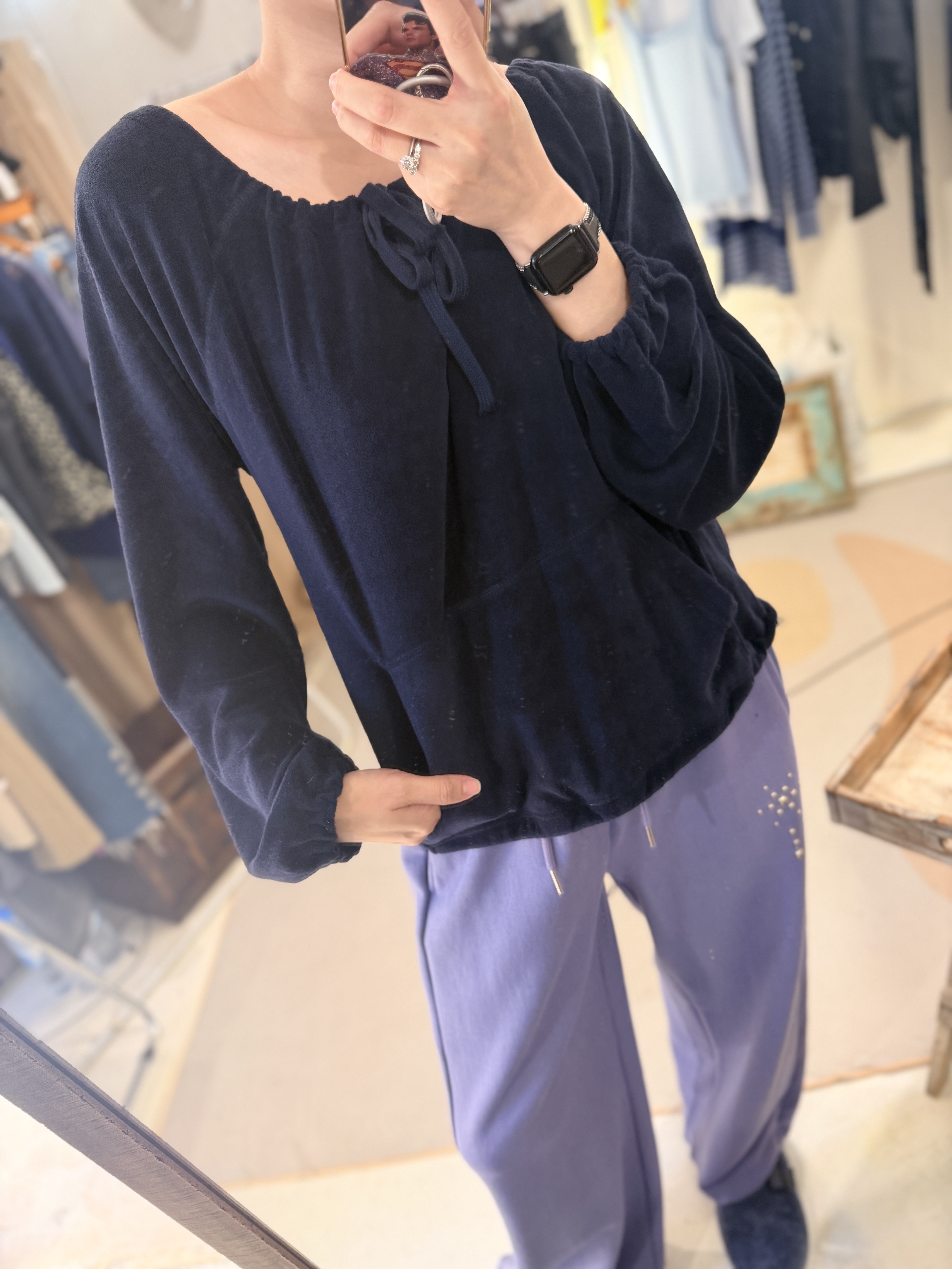 Navy towel off shoulder sweater