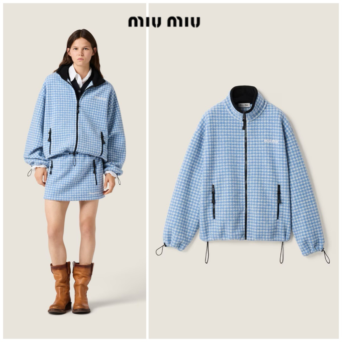 【原單】Miu Miu Gingham Check Fleece Jacket 藍白格紋抓絨拉鍊外套