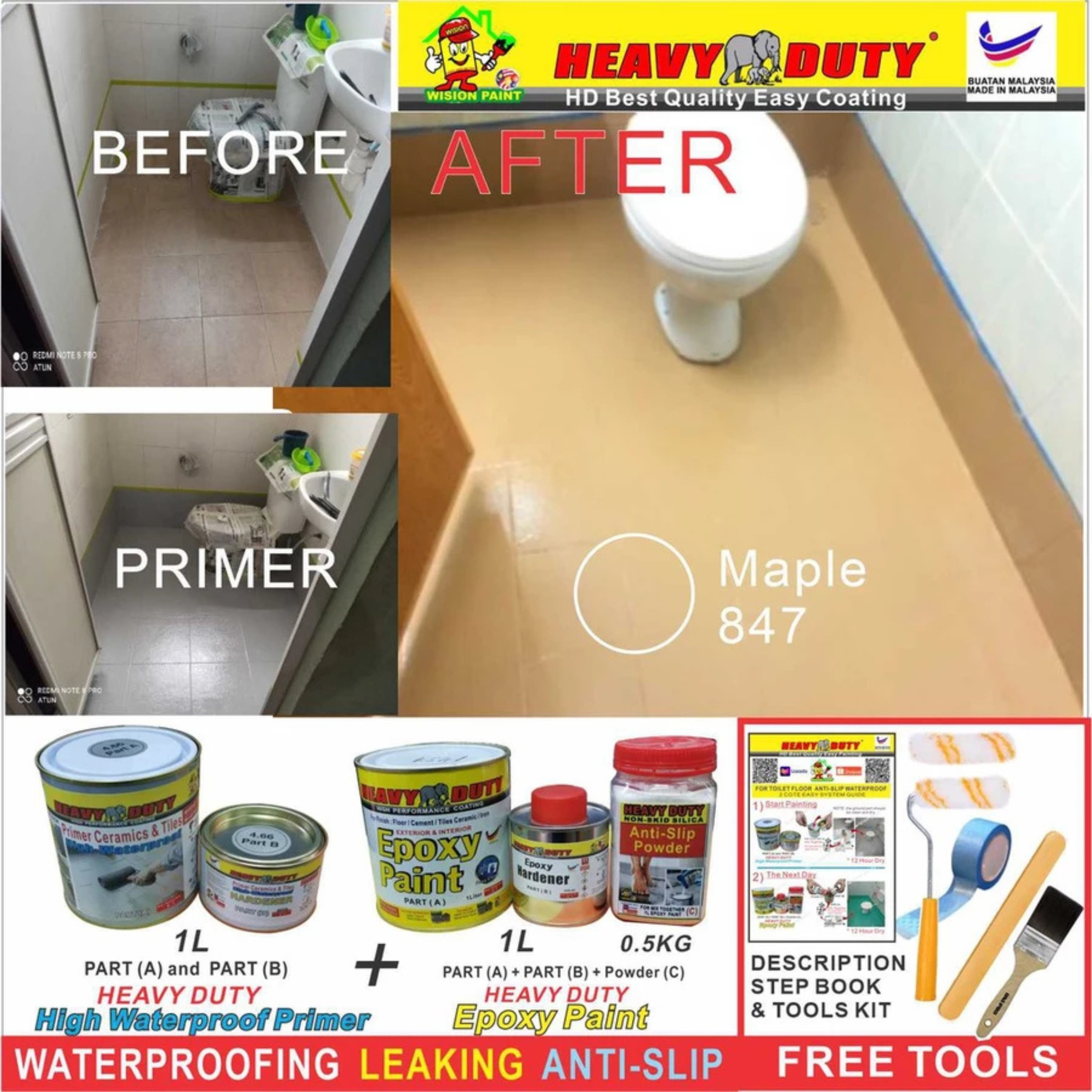 FULL SET (HEAVY DUTY BRAND) Floor Coating (Free Paint Tool Set) 1L Tile Primer + 1L Epoxy Colour + 0.5kg Non-skid Silic