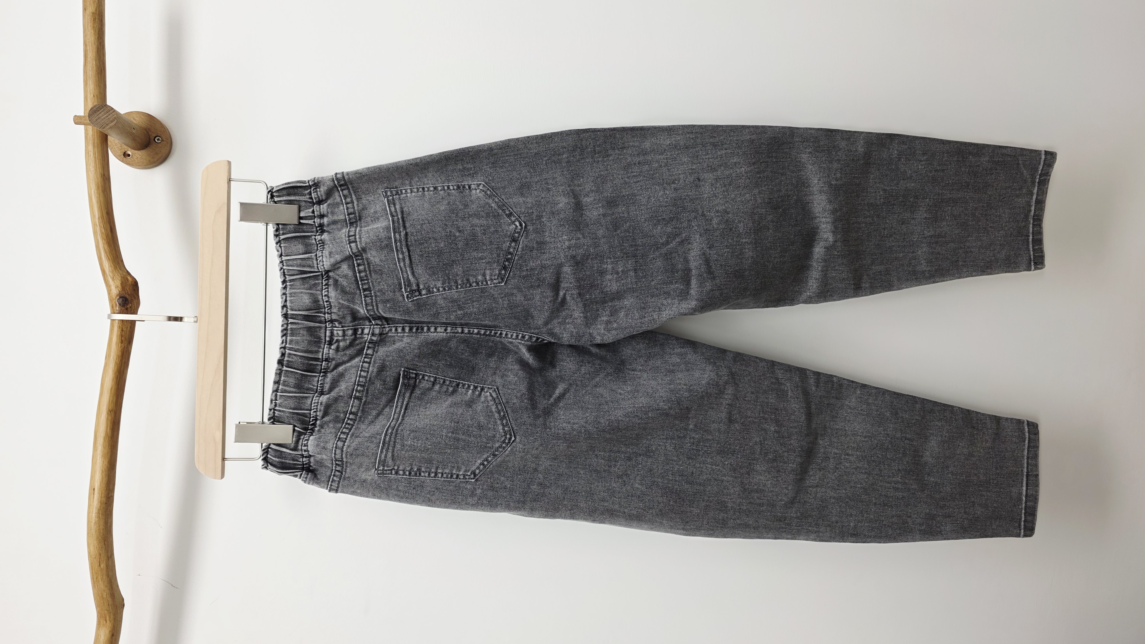 韓國炭灰哈哈笑心心印圖修腳橡筋牛仔褲