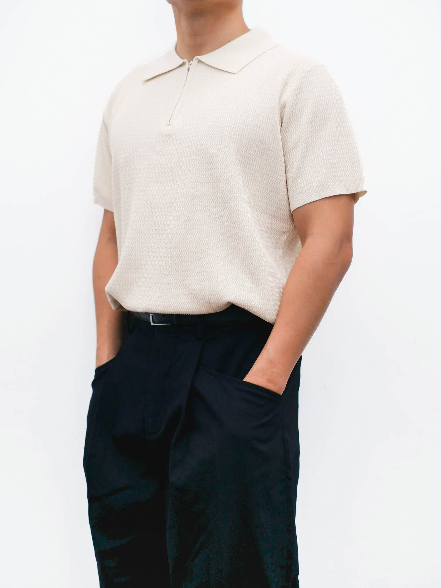 Beige Zipper Knit Polo 