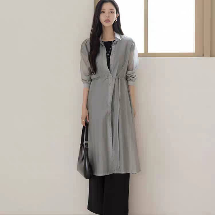 Lightweight Button-Down Long Shirt Jacket with Waist Tie ‖ 轻薄排扣长版衬衫外套附腰带 KR0193301