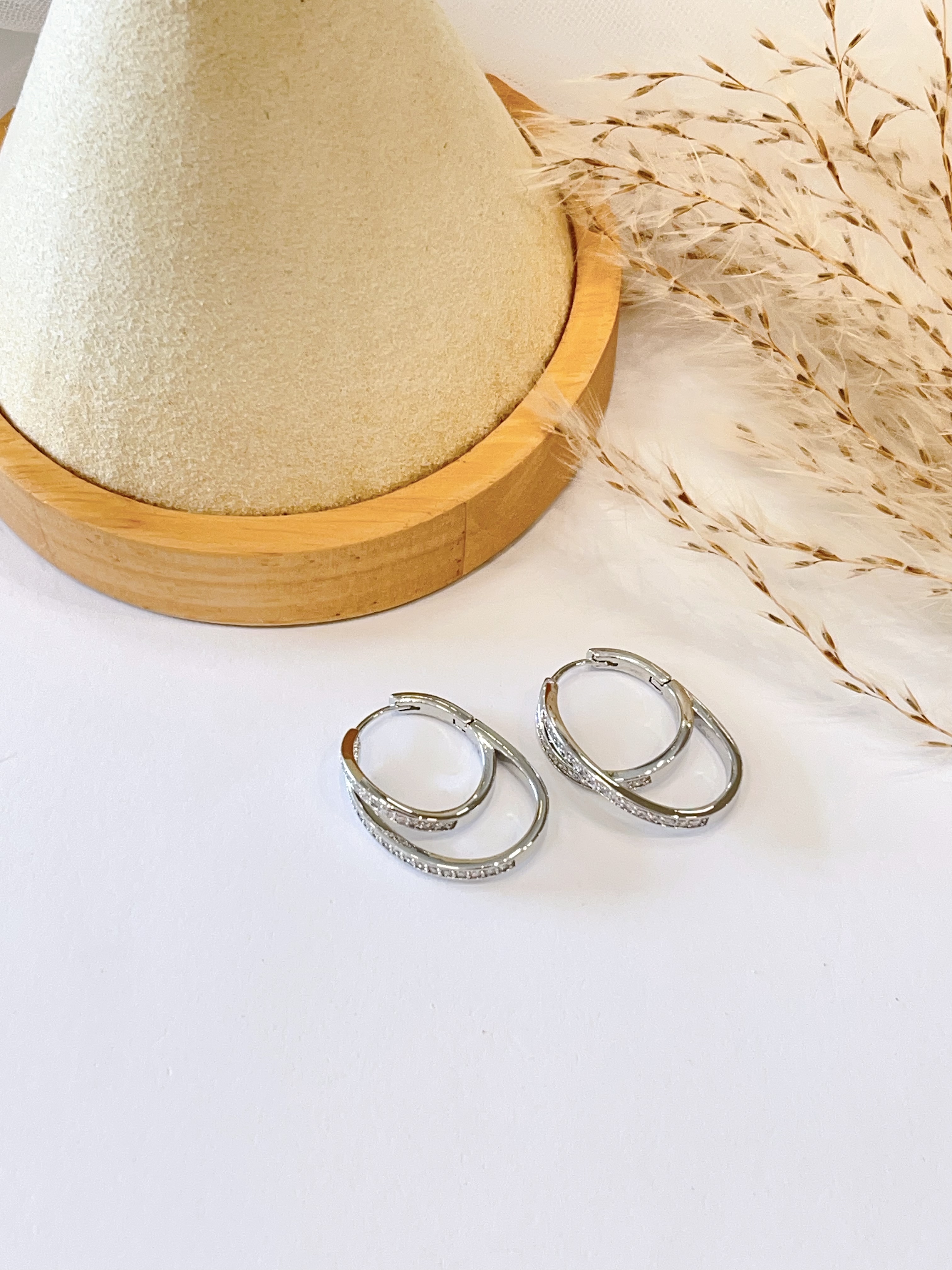 简约双层线条锆石耳扣耳环