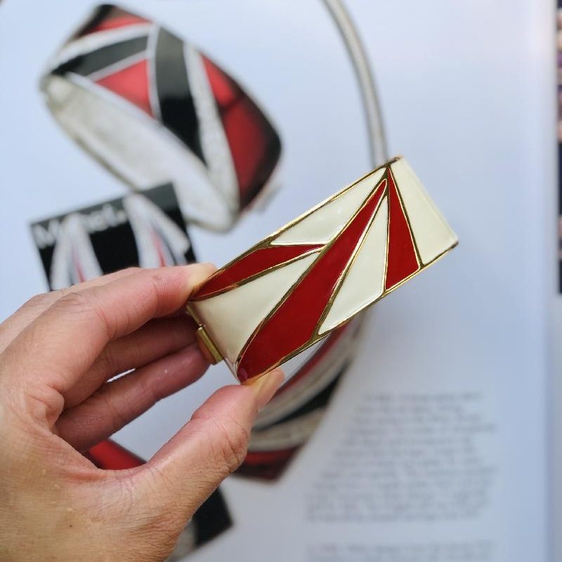 C.a. 1980s Monet Red X Ivory Geometric Enamel Jewelry New Old Stock- Bangle Bracelet (MT1622)