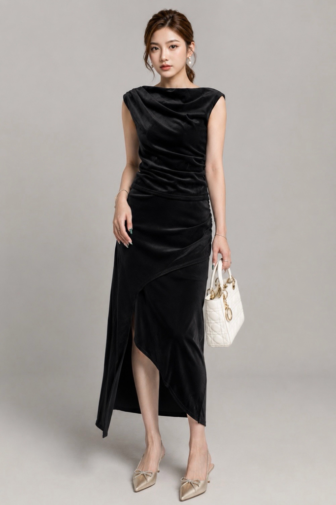 303714+601162 Aqua Elegance Draped Top & Asymmetric Maxi Skirt Set