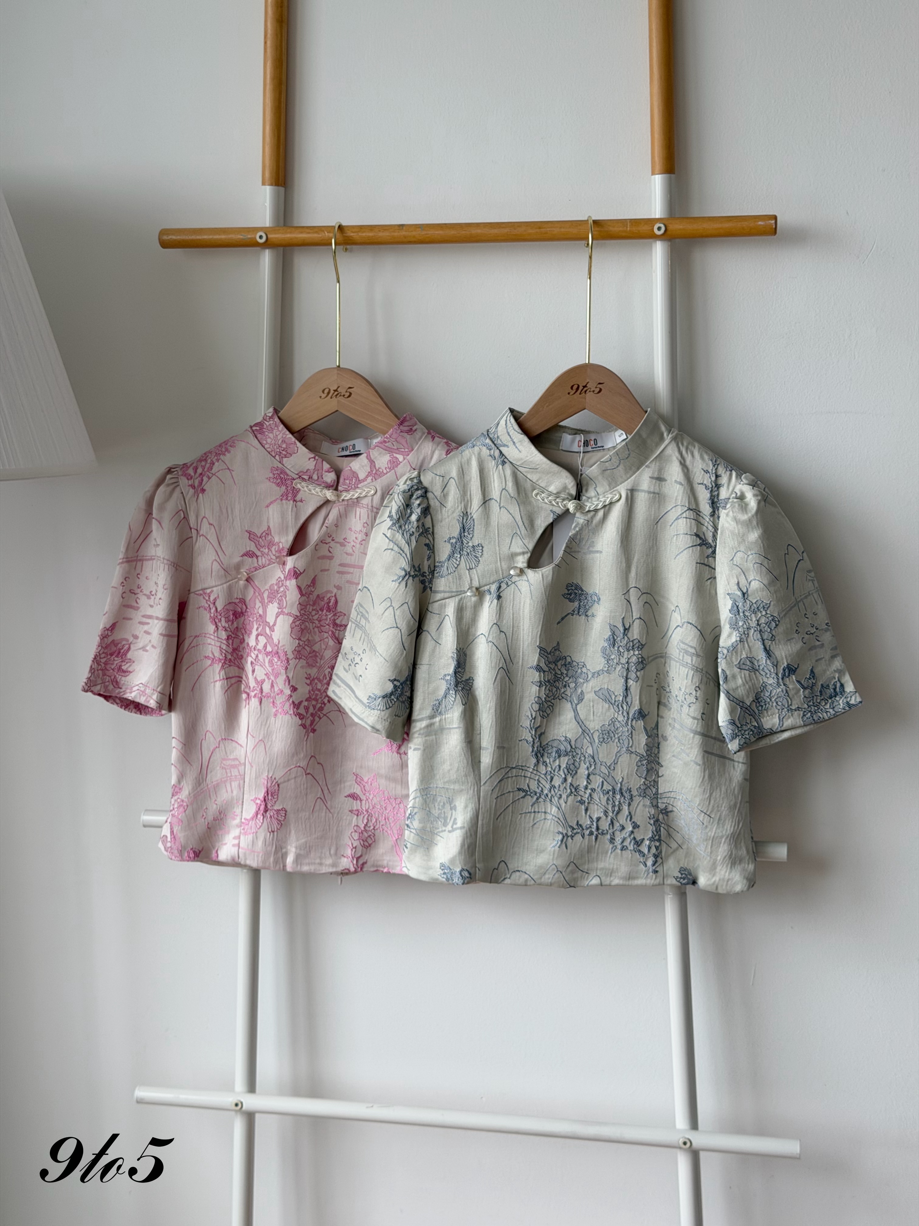 T4469 CNY Embroidery Floral Crop Top - Blue & Pink