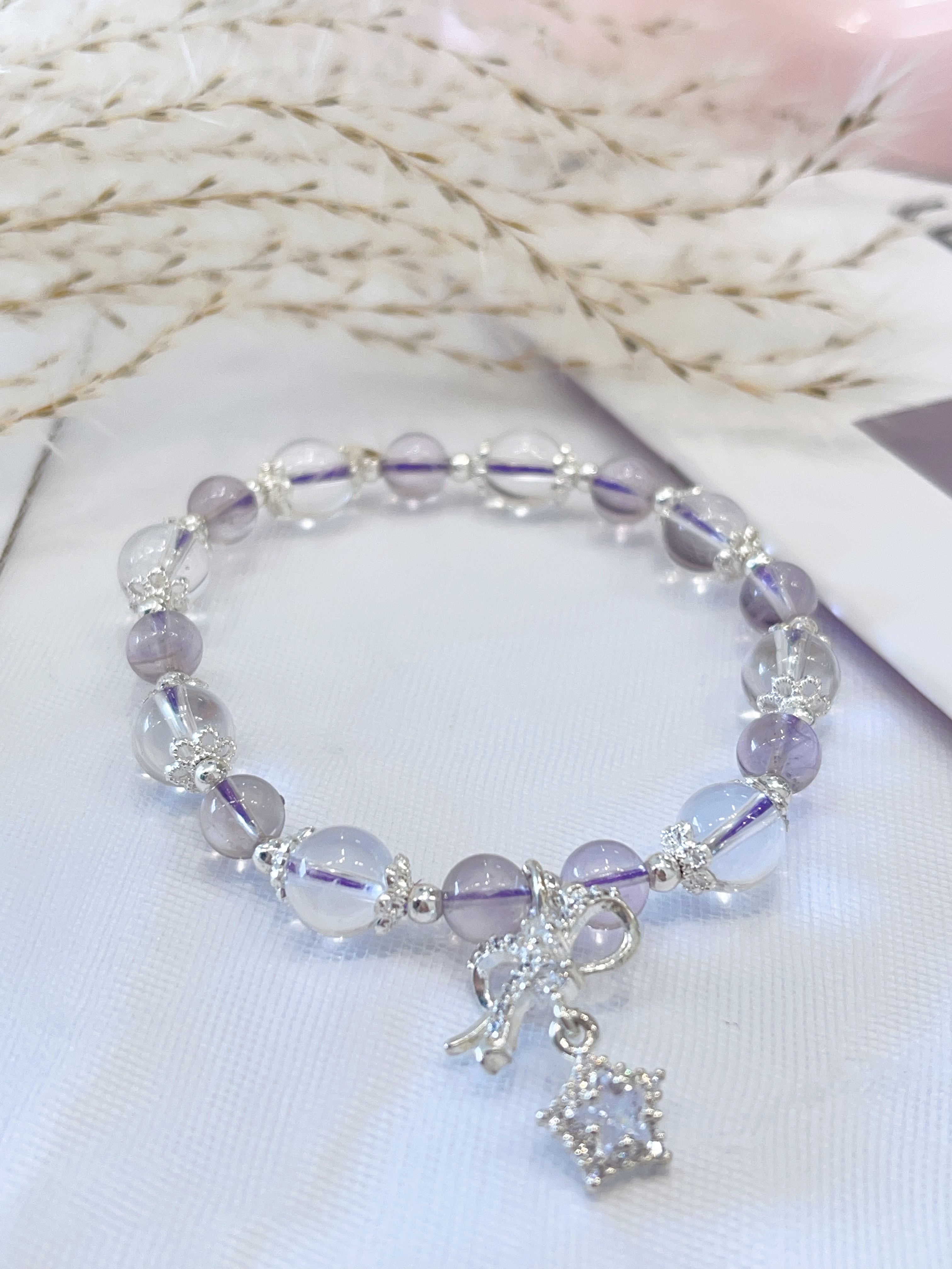 紫水晶 × 海蓝宝 × 白水晶  Amethyst & Aquamarine & Clear Quartz Star Charm Bracelet｜星空守护