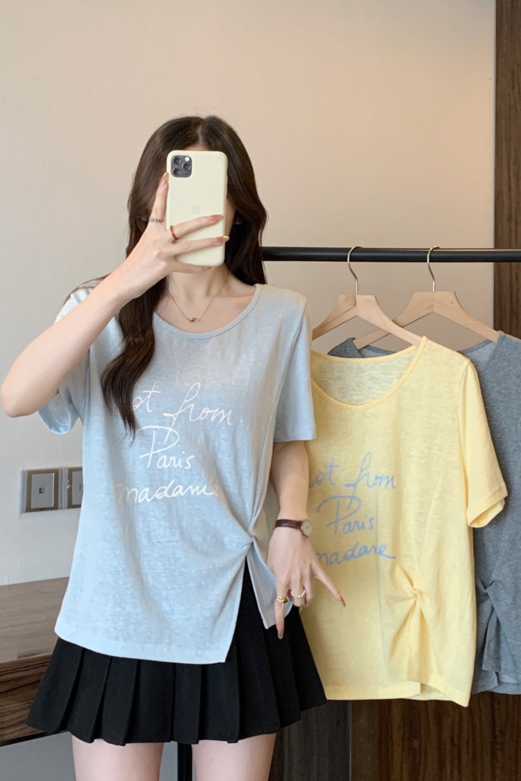 B23(80838) 韩系糖果色系字母印花设计感下摆边扭结开角3色上衣