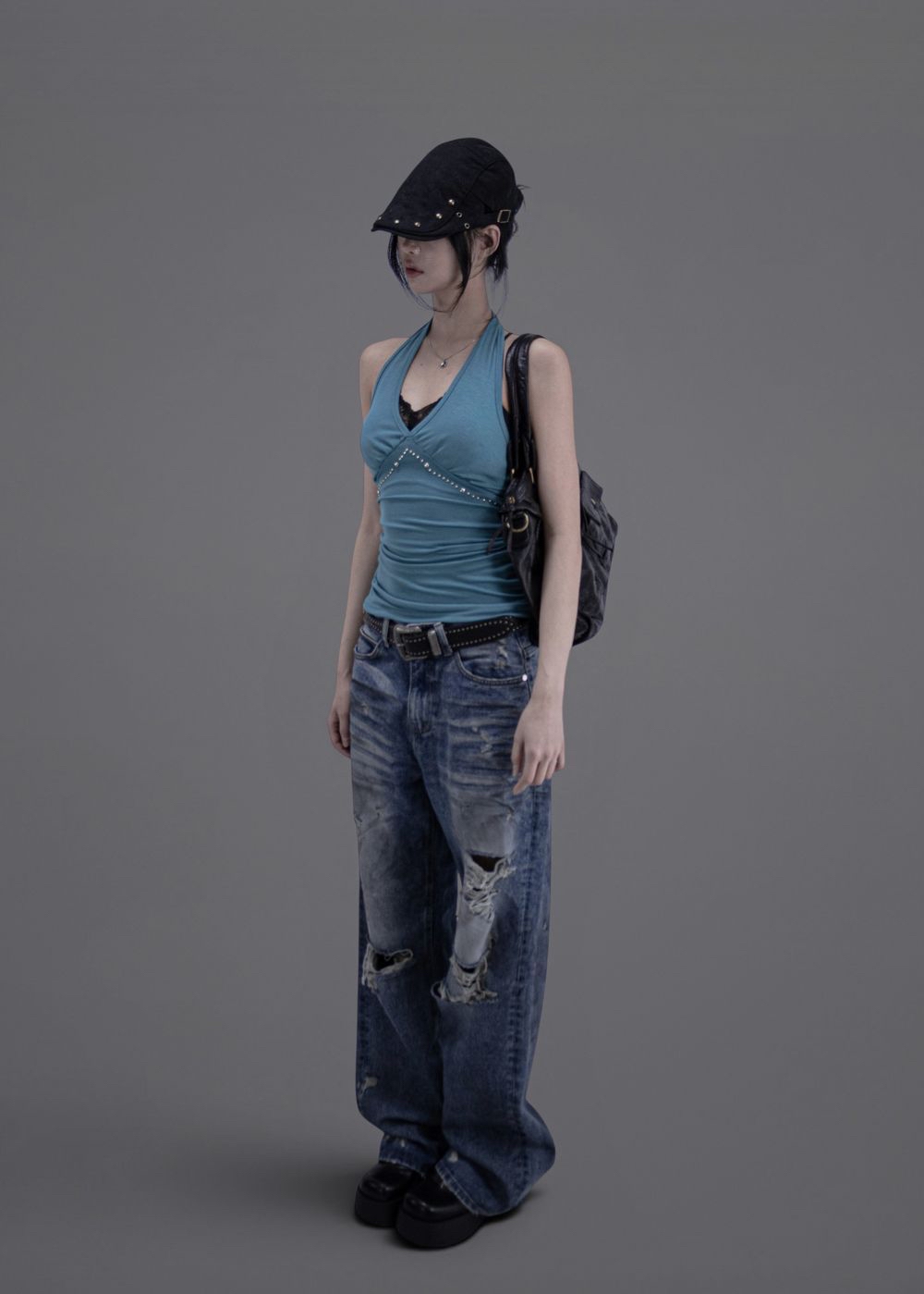 Studded Ruched Halterneck Top