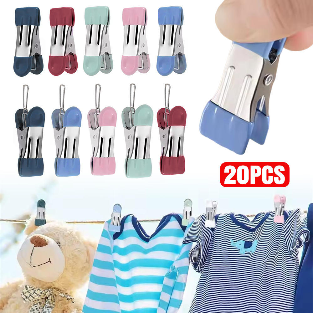 20x 不鏽鋼雙色曬衣夾 雙頭浸膠【不帶扣】 粉/藍/綠/黑/紅5色各4個混裝 UB0259