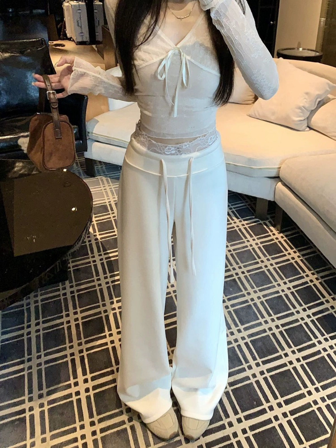 4568 Lace Waist Pants"奶白色蕾丝腰休闲裤"