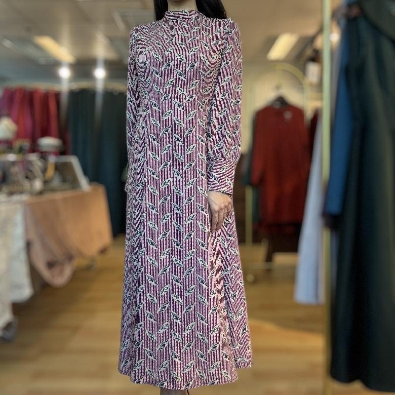 Vintage 1990-2000 Patterned Tie-Collar Ankle Length Day Dress(PP001-17)