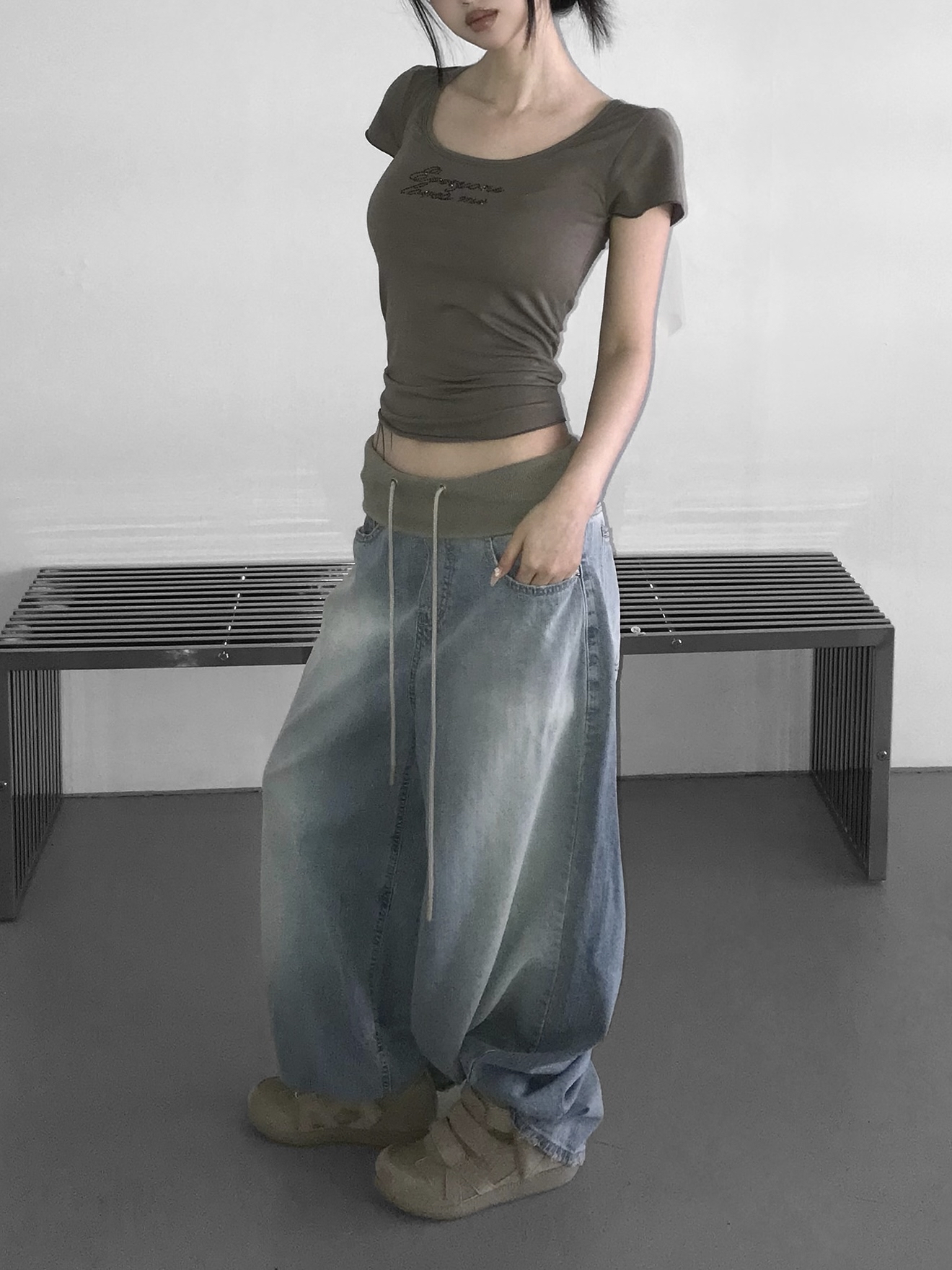 Rhinestone Lace-up Fitted Tee