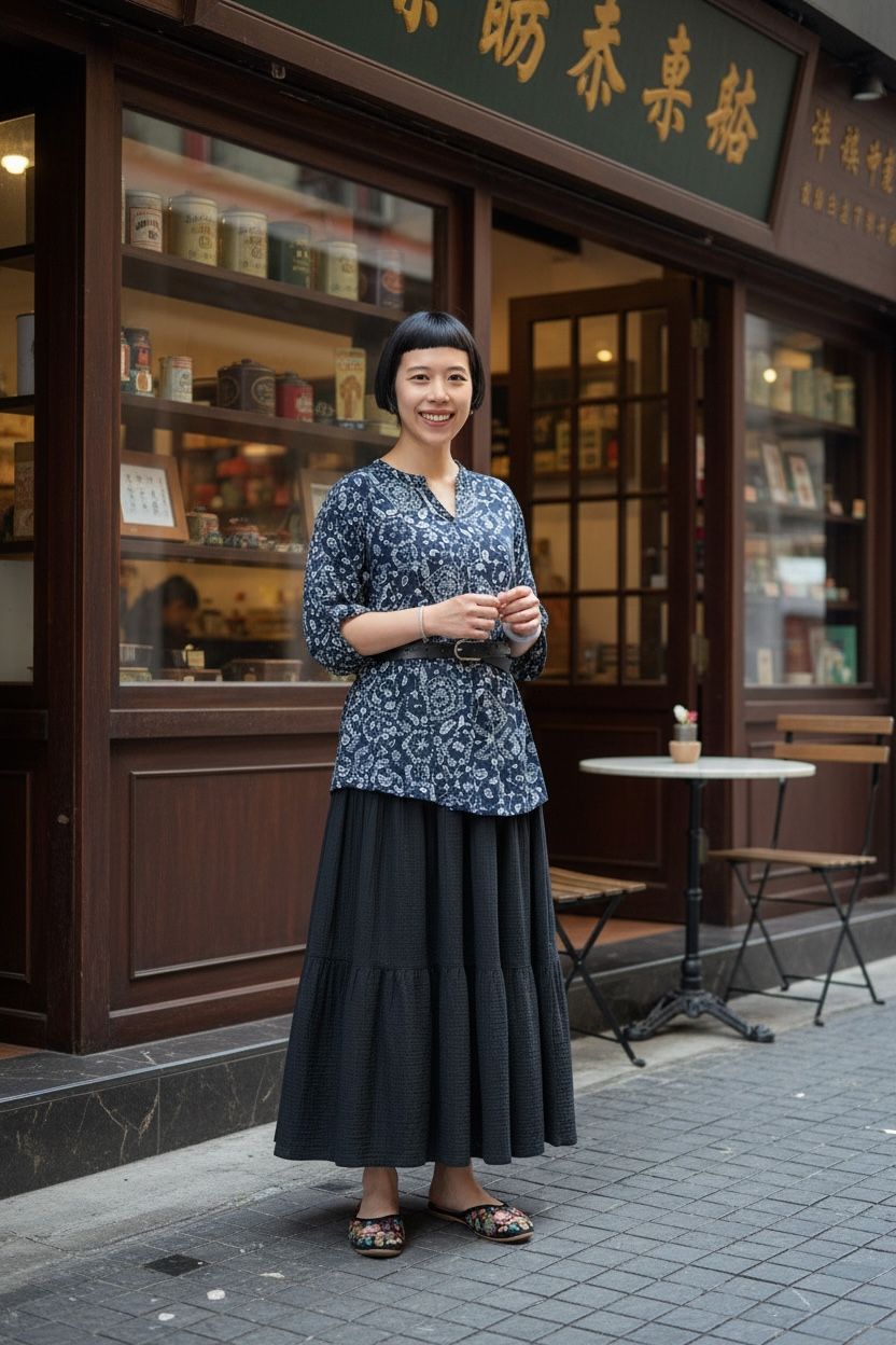 1637 Blue Block Print V-Neck Top