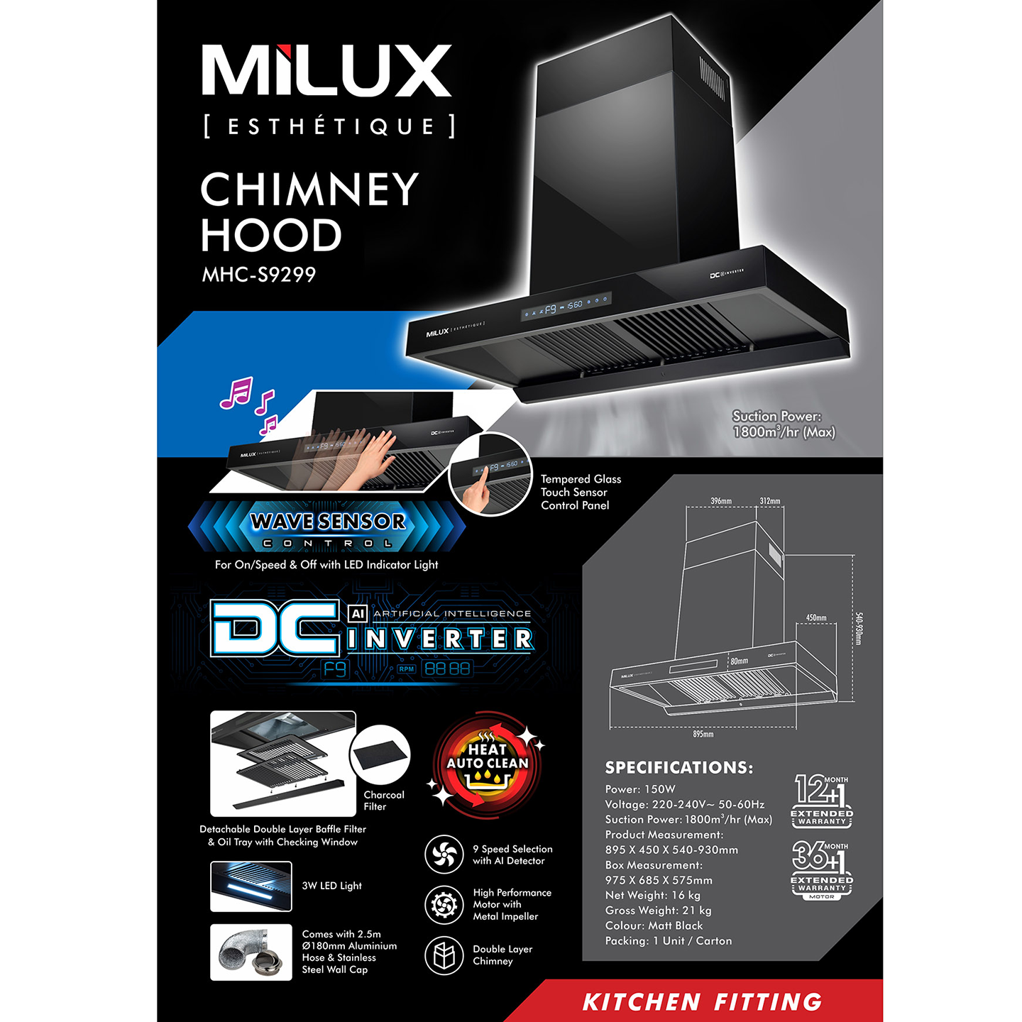 Milux 1500m³/hr Esthetique Chimney Hood (MHC-S9299)