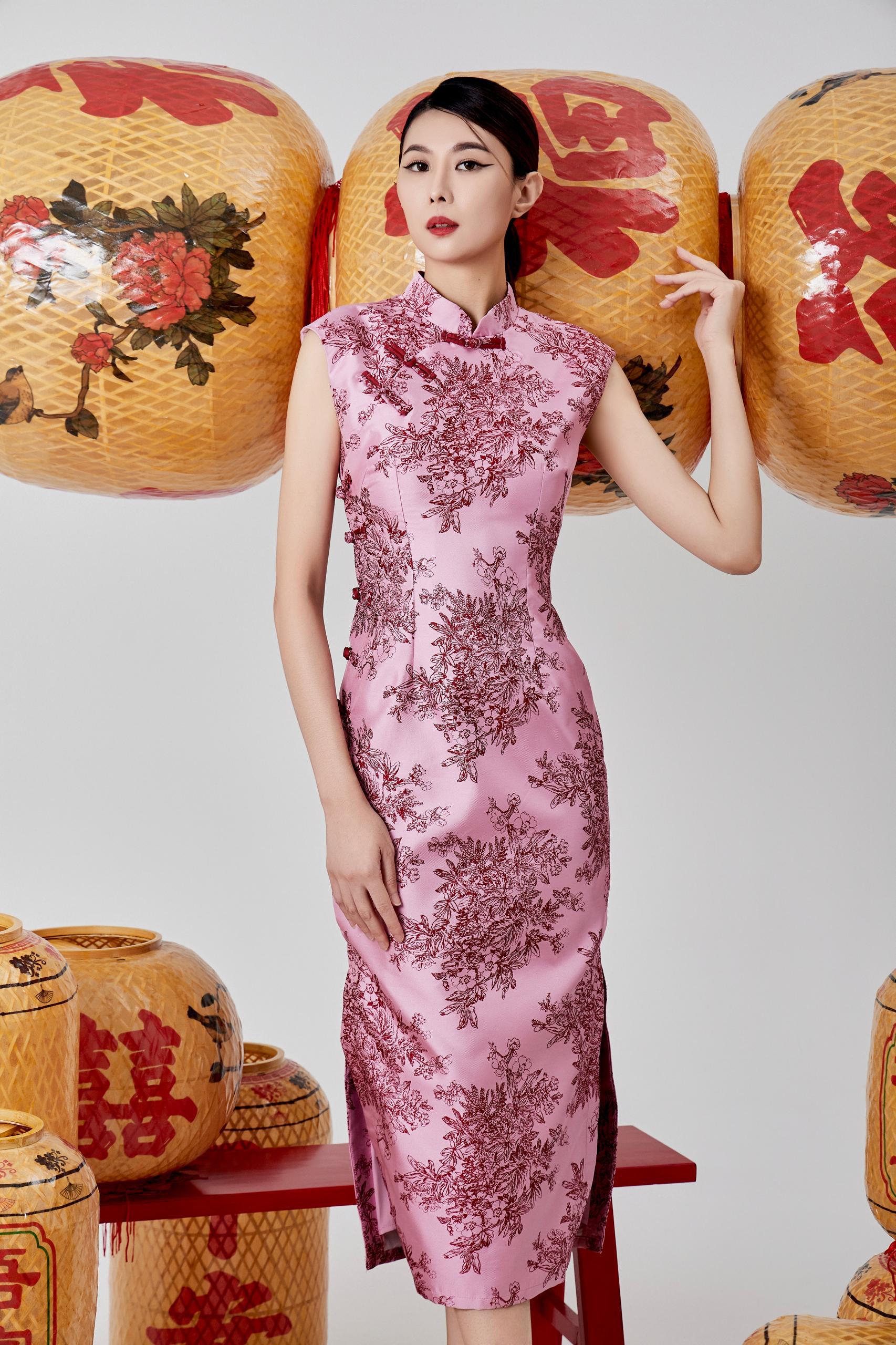 独家长款旗袍 粉色 2128