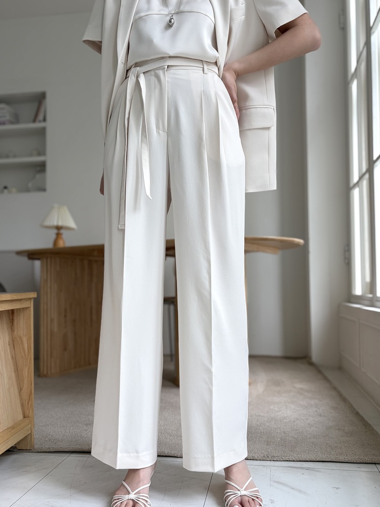 Aveline Belted Straight Slacks (Ivory)