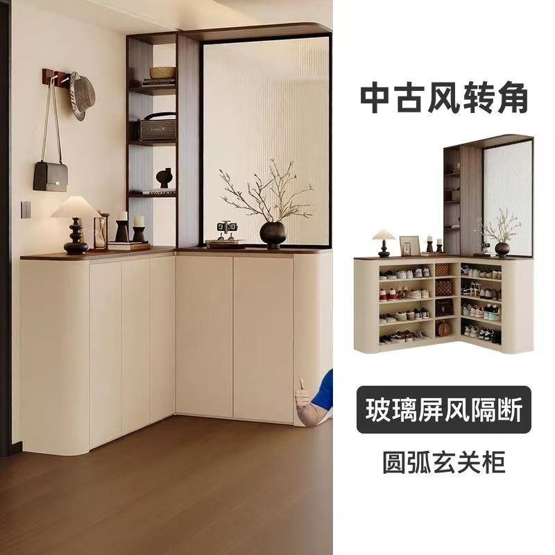 中古风轉角玄關鞋櫃一體櫃 圓弧玻璃屏風間隔 大容量儲物櫃訂造 Shoe cabinet