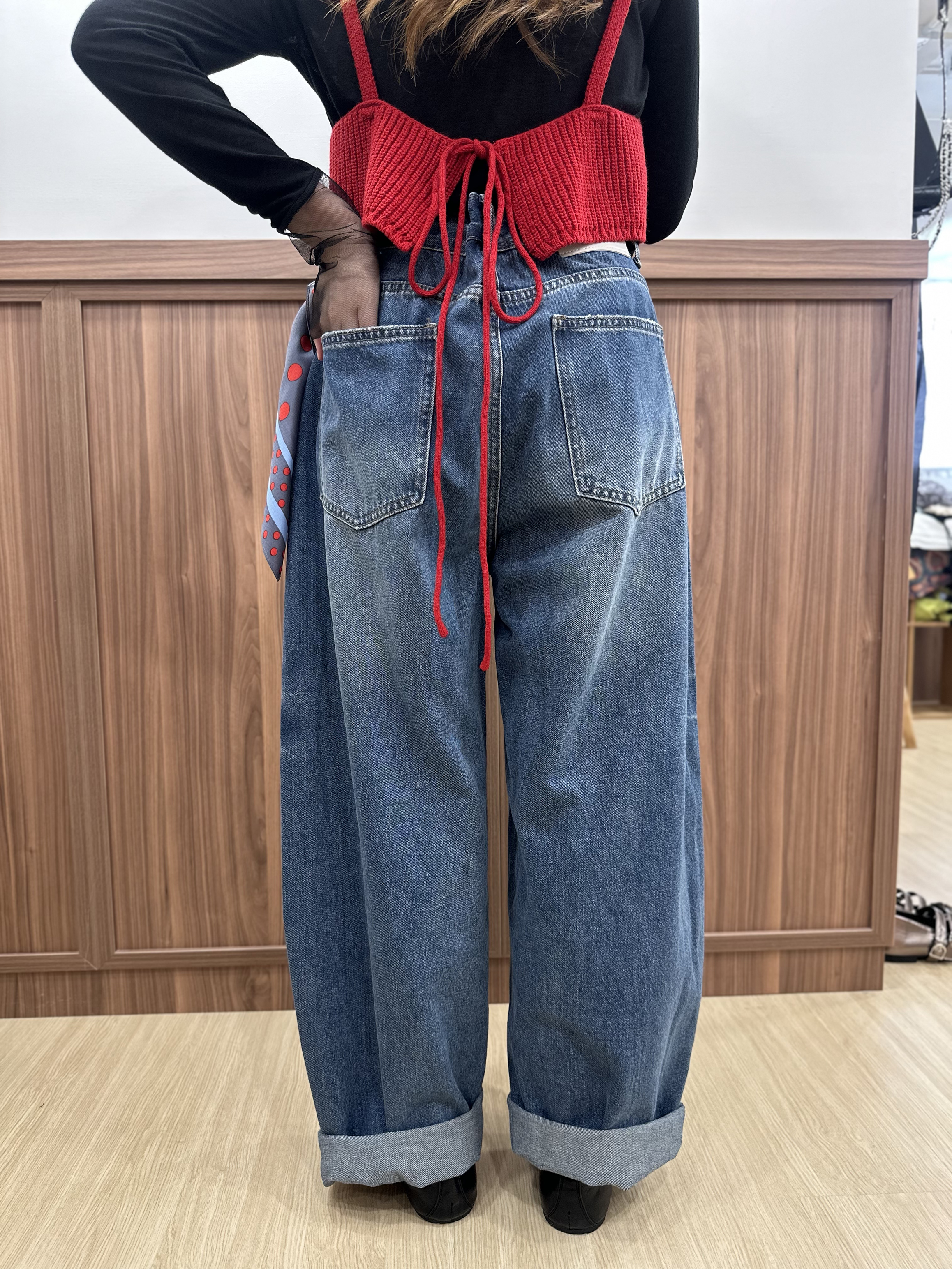 【WK推介】韓系街頭個性風～斜排扣立體感繭型牛仔褲 MU0002 - 藍色 Denim Blue