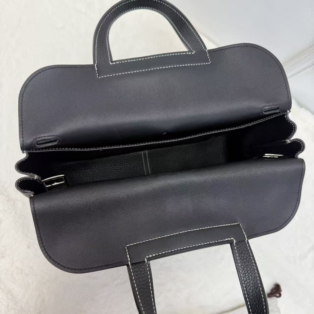 Hermes/愛馬仕 halzan31 哈喇子斜挎包 黑銀 走白線 Togo皮 手提單肩包