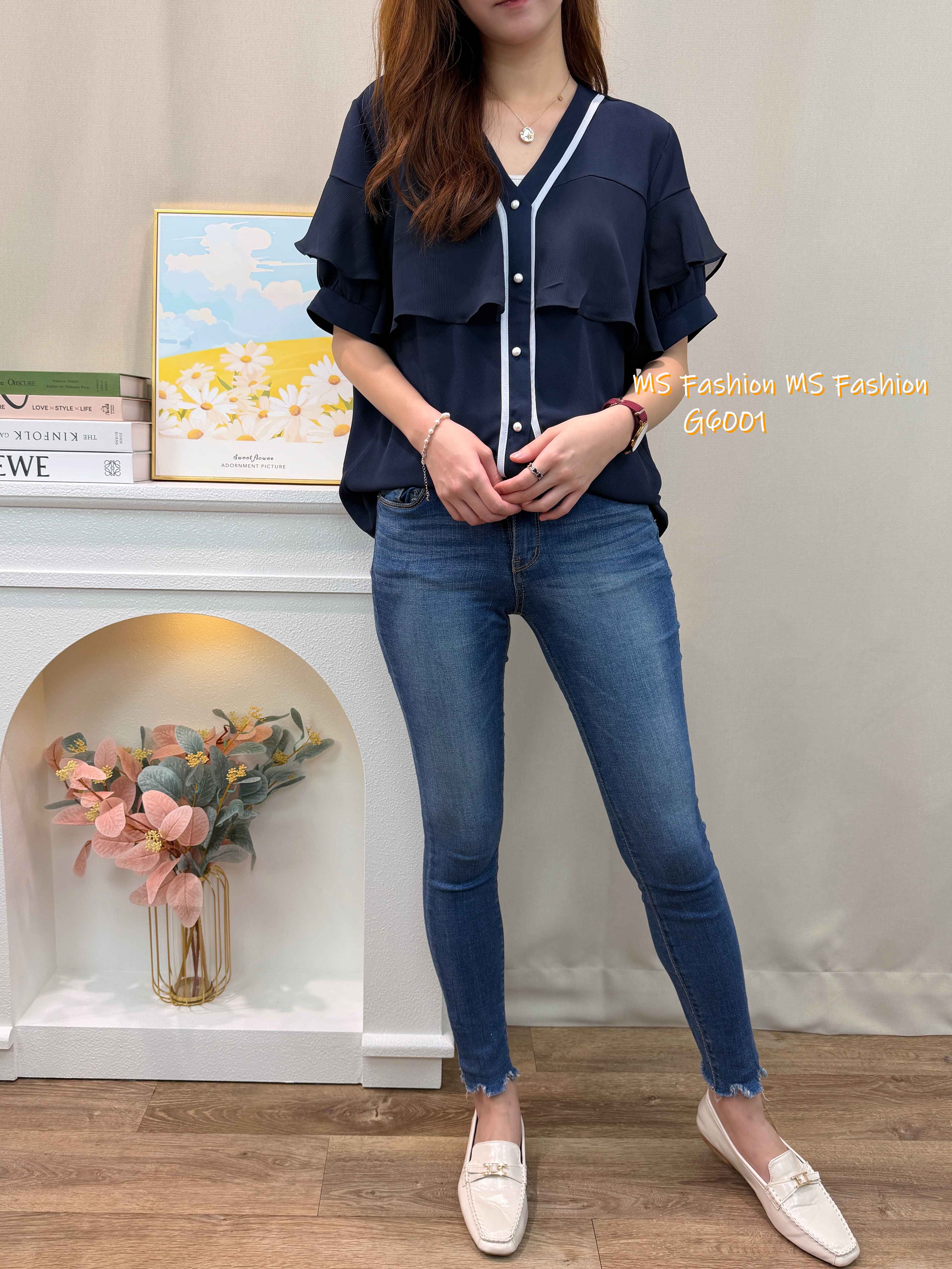 G6001 韓國🇰🇷靚料V領ruffle top