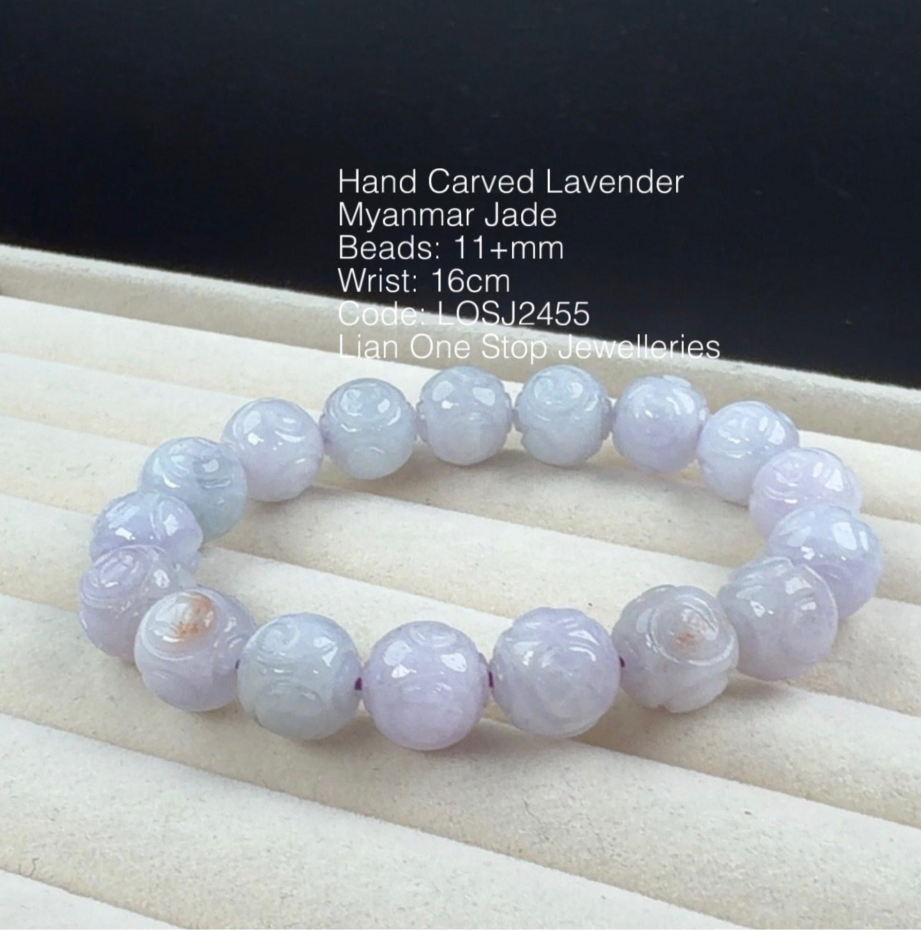 Code: LOSJ2455 Hand Carved Lavender Myanmar Jade 11+mm 