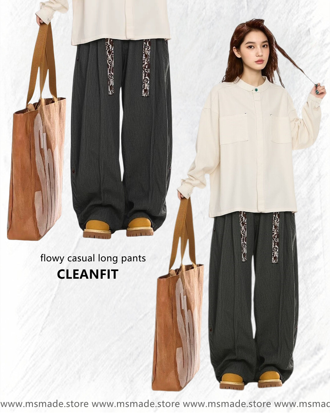 M0423腰果花帶拼接垂感長褲