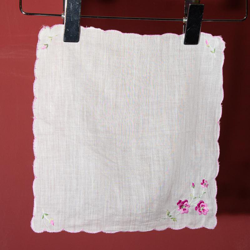 Vintage Unused Handkerchief with Pink Embroidery (EX092)