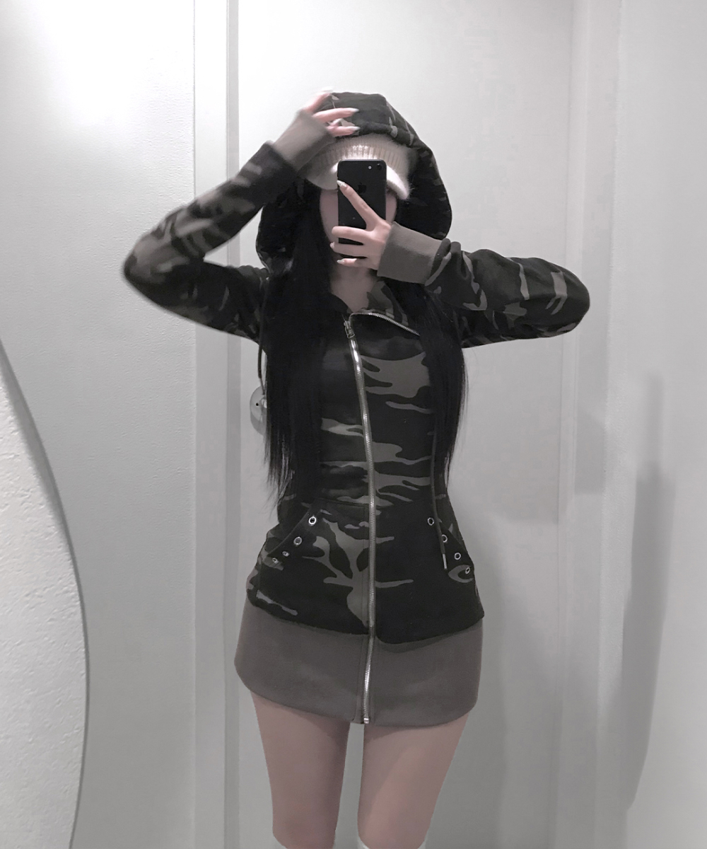 Camo Zip-Up Hooded Mini Dress
