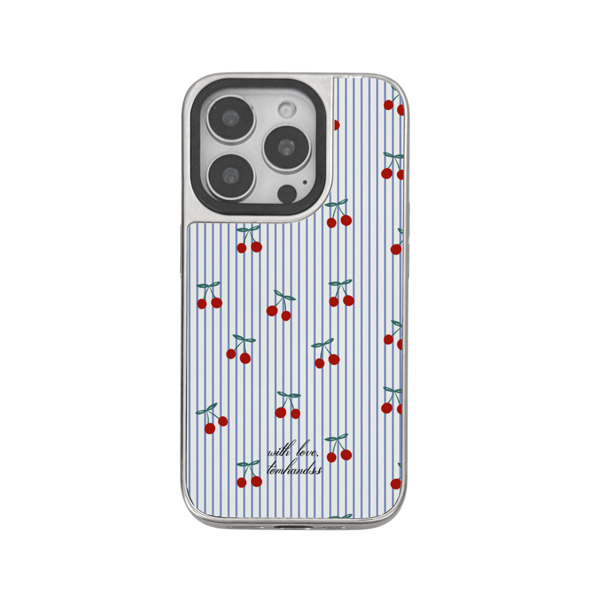 【Cherries in blue stripe】銀框鏡面MagSafe iPhone Case