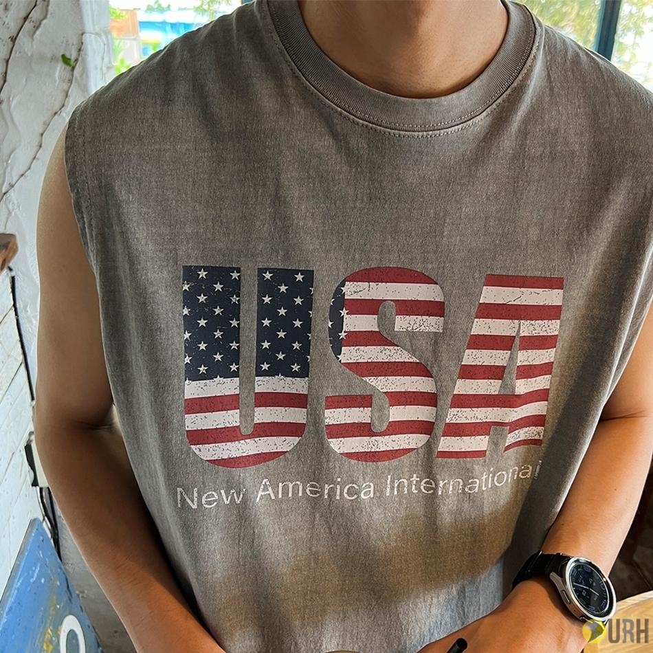 【100%保證韓國直送】Pigment Retro Graffiti USA 復古做舊水洗染美式星條旗寬鬆無袖背心 👕 [4 color] RG165891