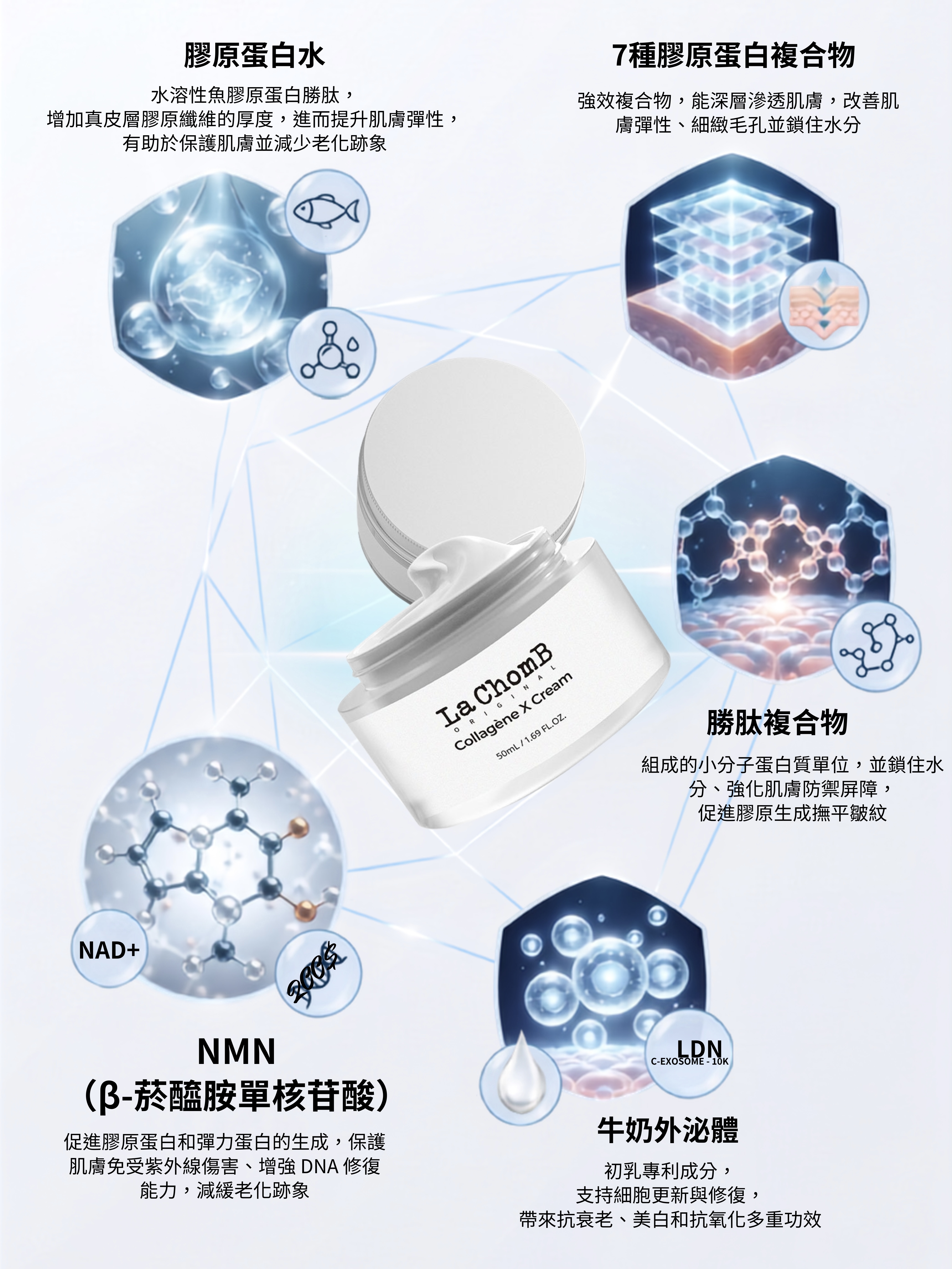 LaChomB Collagene X Cream 核心成分解析：包含水溶性魚膠原蛋白水以增加真皮層厚度並提升肌膚彈性、7種膠原蛋白複合物能深層滲透改善膚彈與細緻毛孔。同時結合能促進彈力蛋白生成的 NMN (β-菸醯胺單核苷酸)、可強化肌膚防禦屏障與撫平皺紋的勝肽複合物，以及具備初乳專利成分的牛奶外泌體，支援細胞更新並帶來抗衰老、美白與抗氧化多重功效。