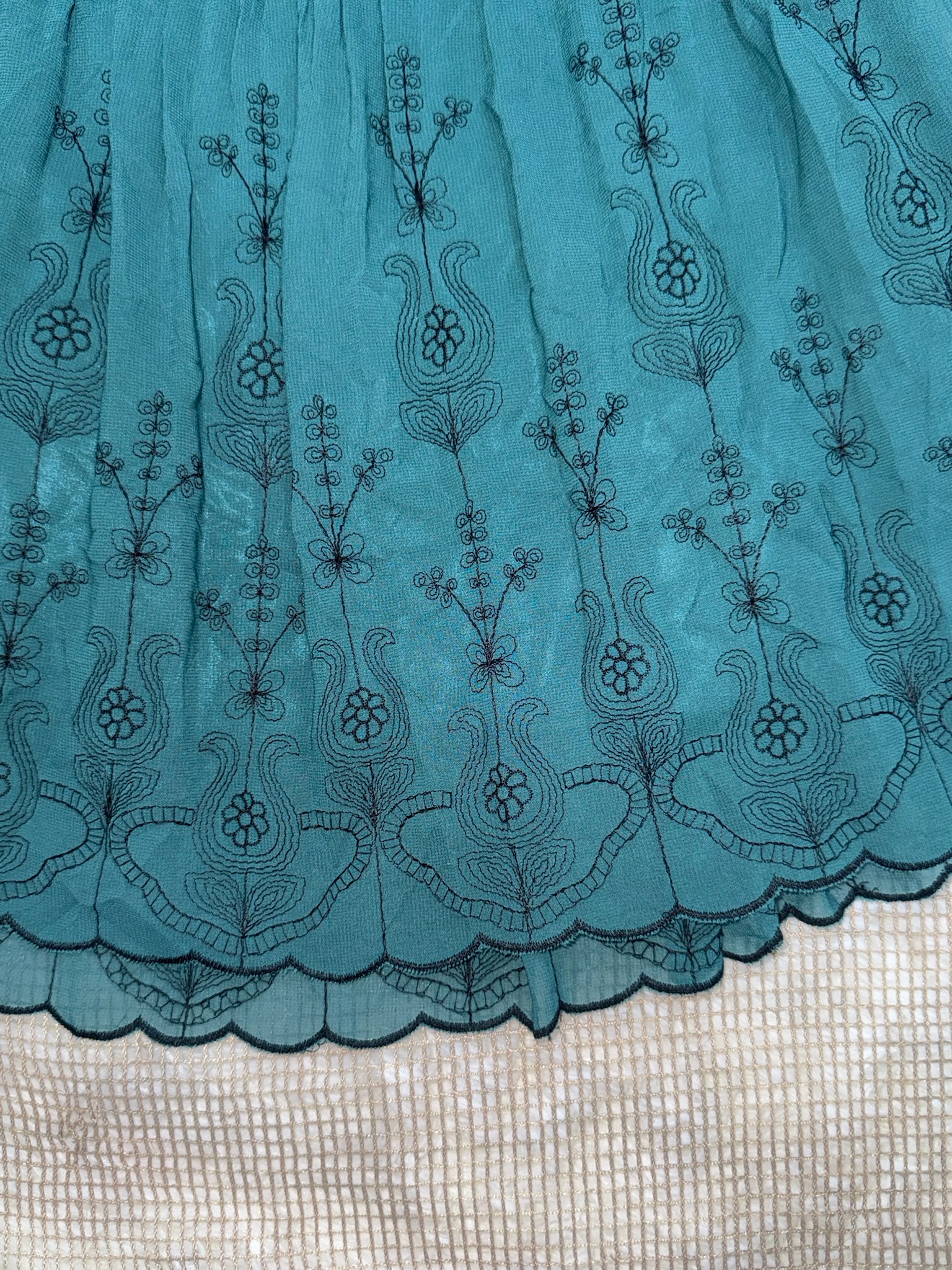 Fairycore Peacock Green Flared Skirt with Scalloped Lace Edge