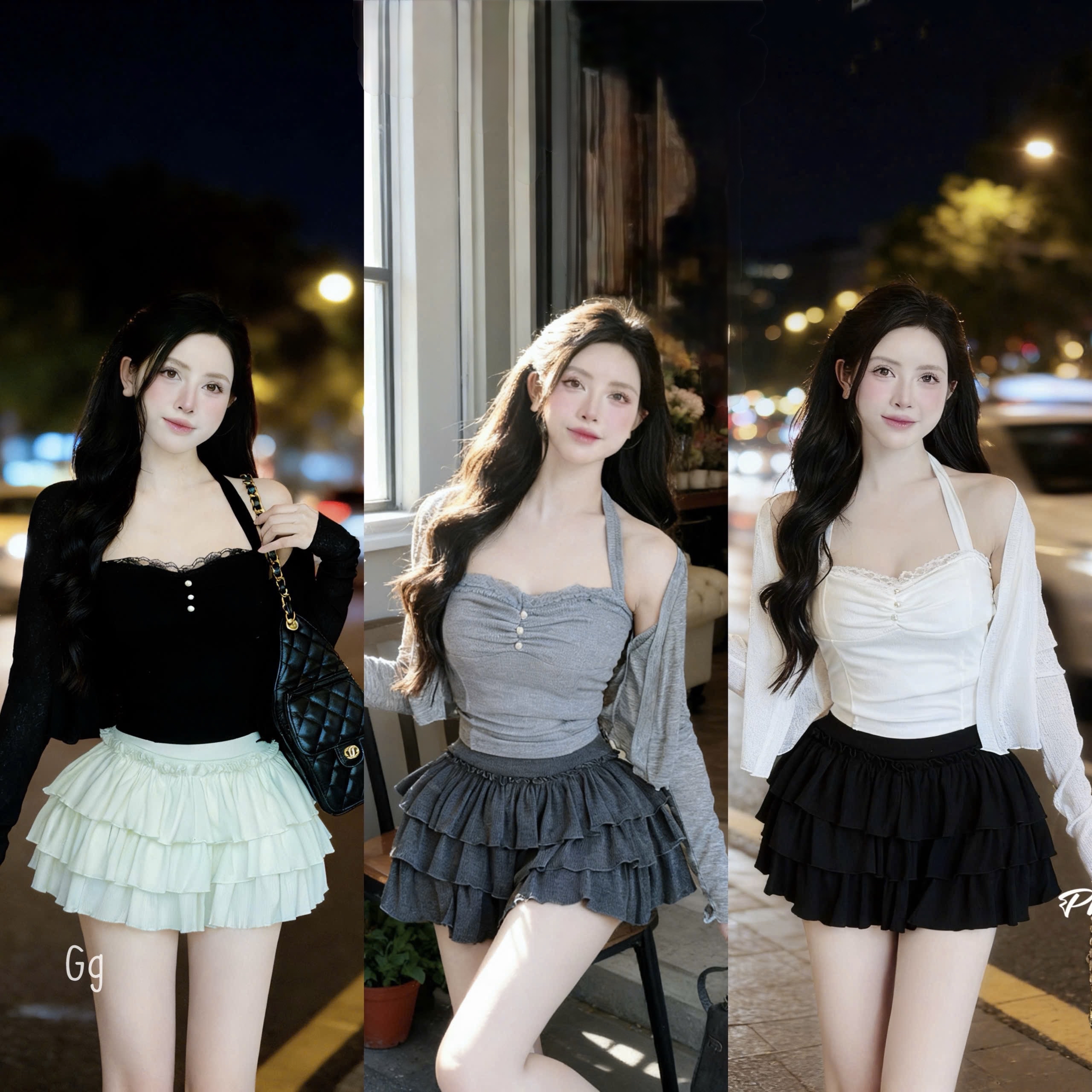 時尚層疊荷葉邊半裙和吊帶上衣三件套