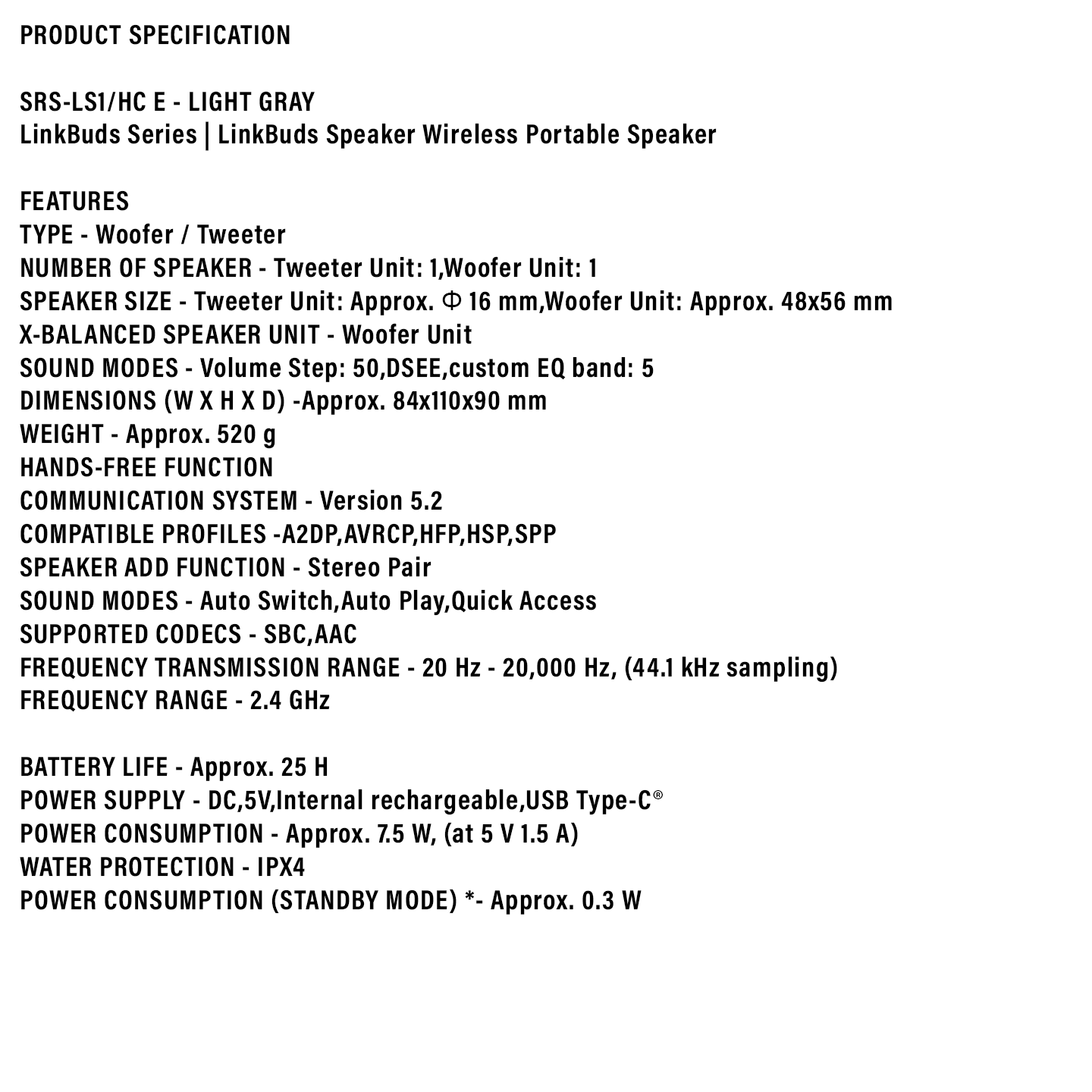 Sony LinkBuds Portable Wireless Speaker Grey (SRS-LS1)