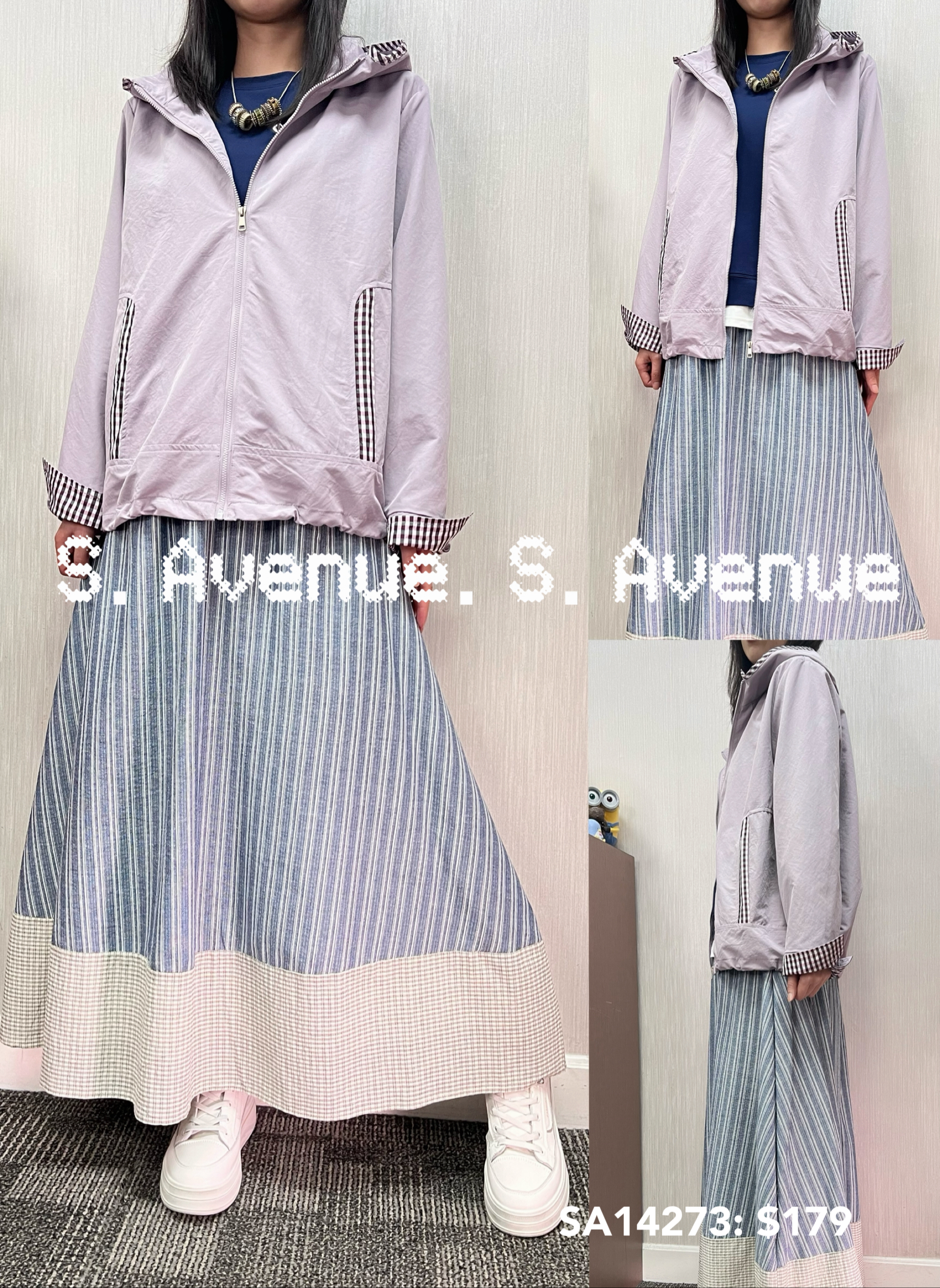 SA14273: 有帽長袖格仔邊拉錬外套