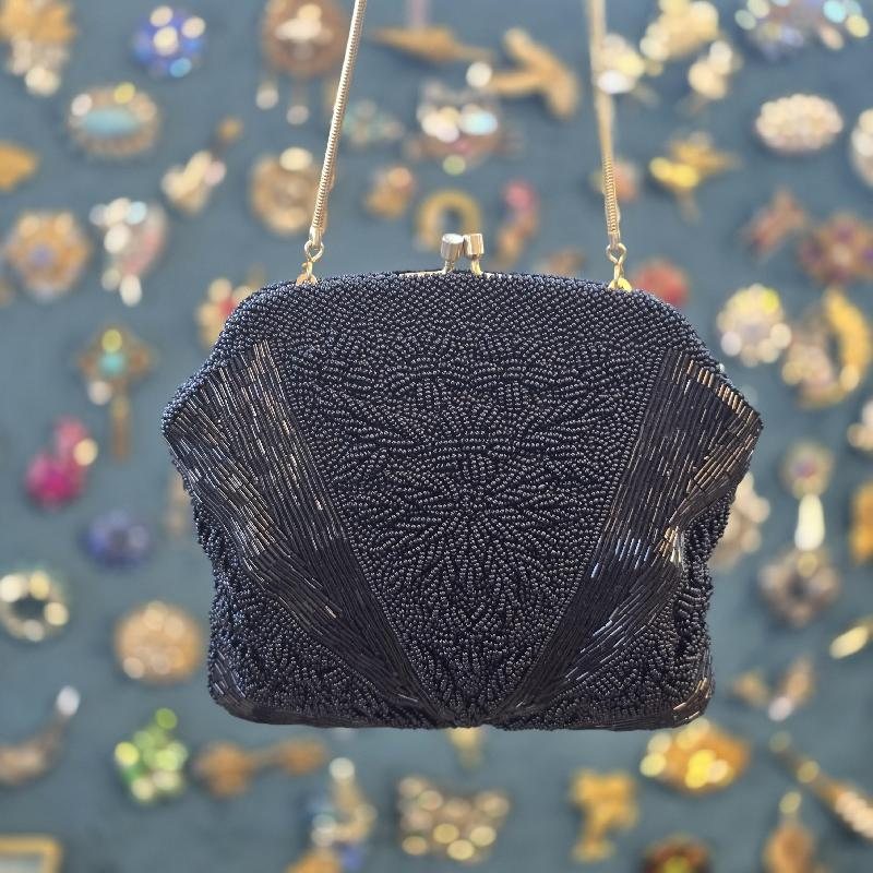 C.a. 1960s "Created by Mr John" Made in Hong Kong Floral Black Bead Bag (MT2501)