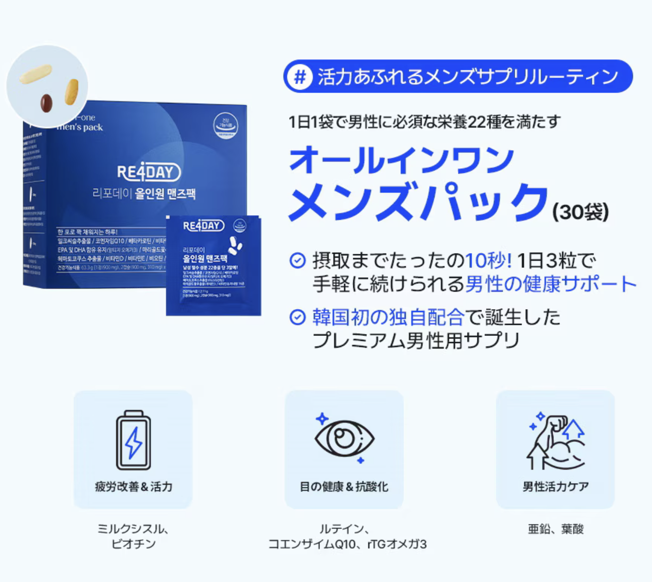 韓國 RE4DAY 男士 多效 綜合維他命 營養丸30包 / 盒｜ALL-IN-ONE MEN’S PACK