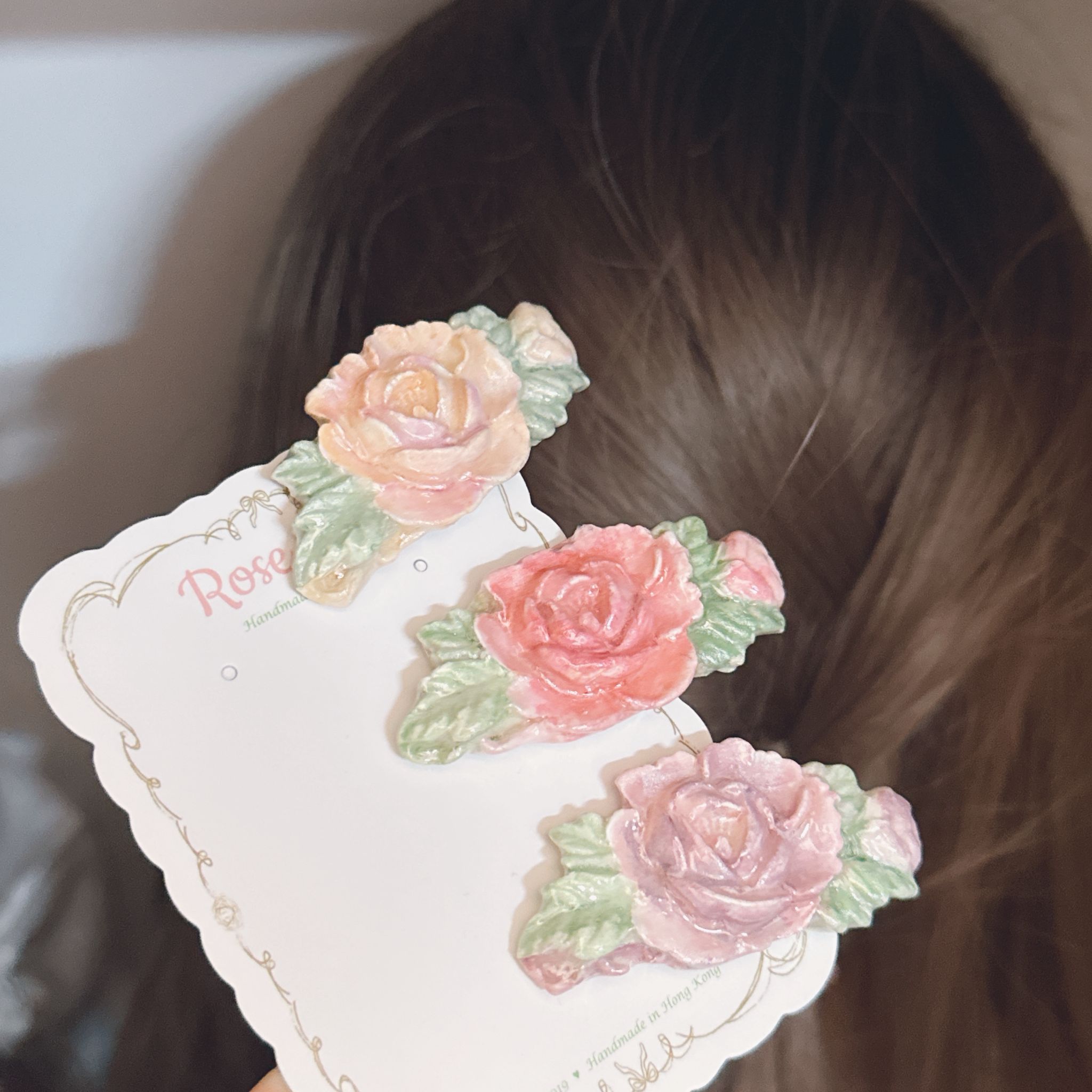 手繪淡淡玫瑰花🌹小髮夾 三色入