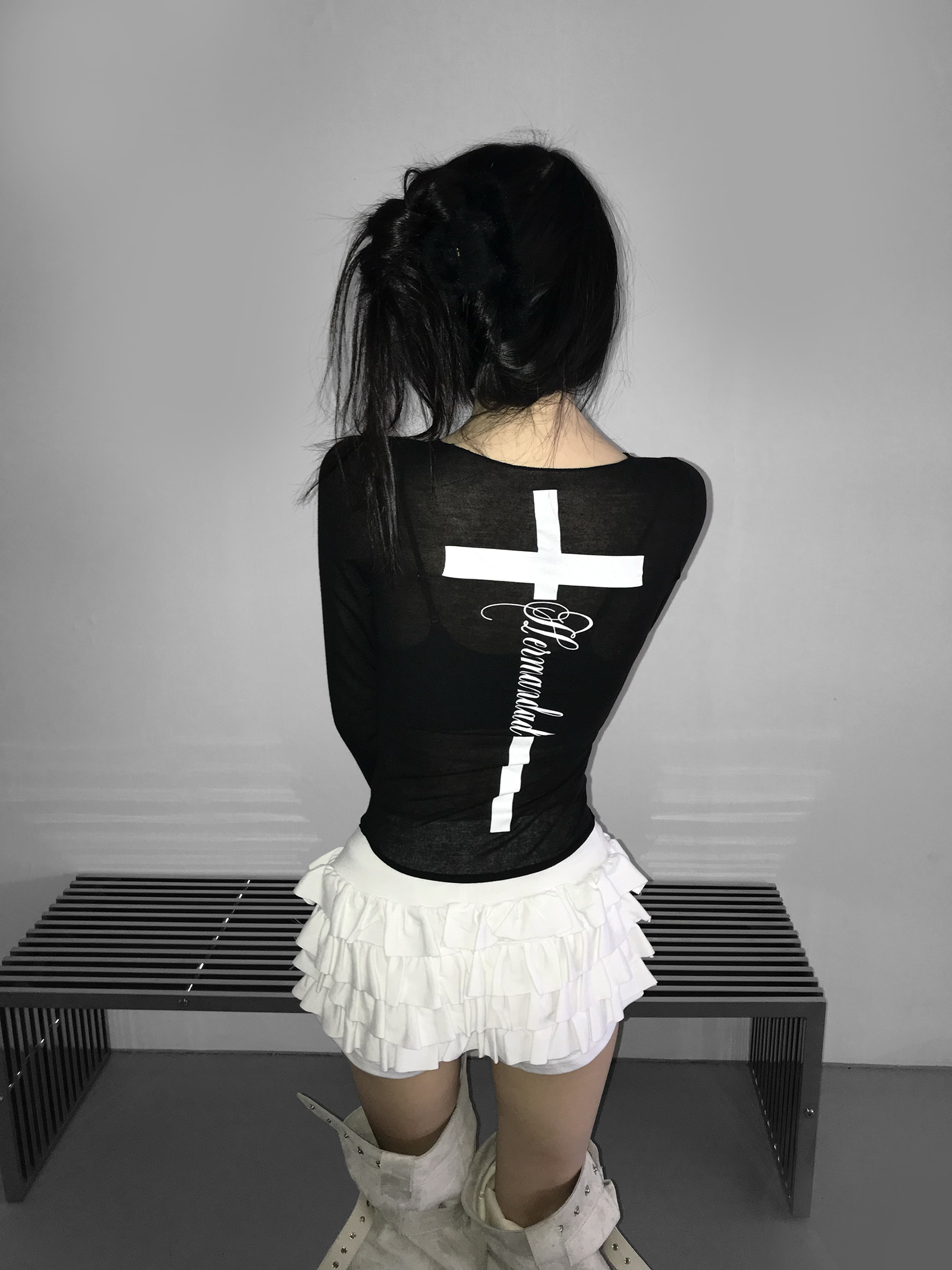 Sheer Tie-Front Cross Graphic Top