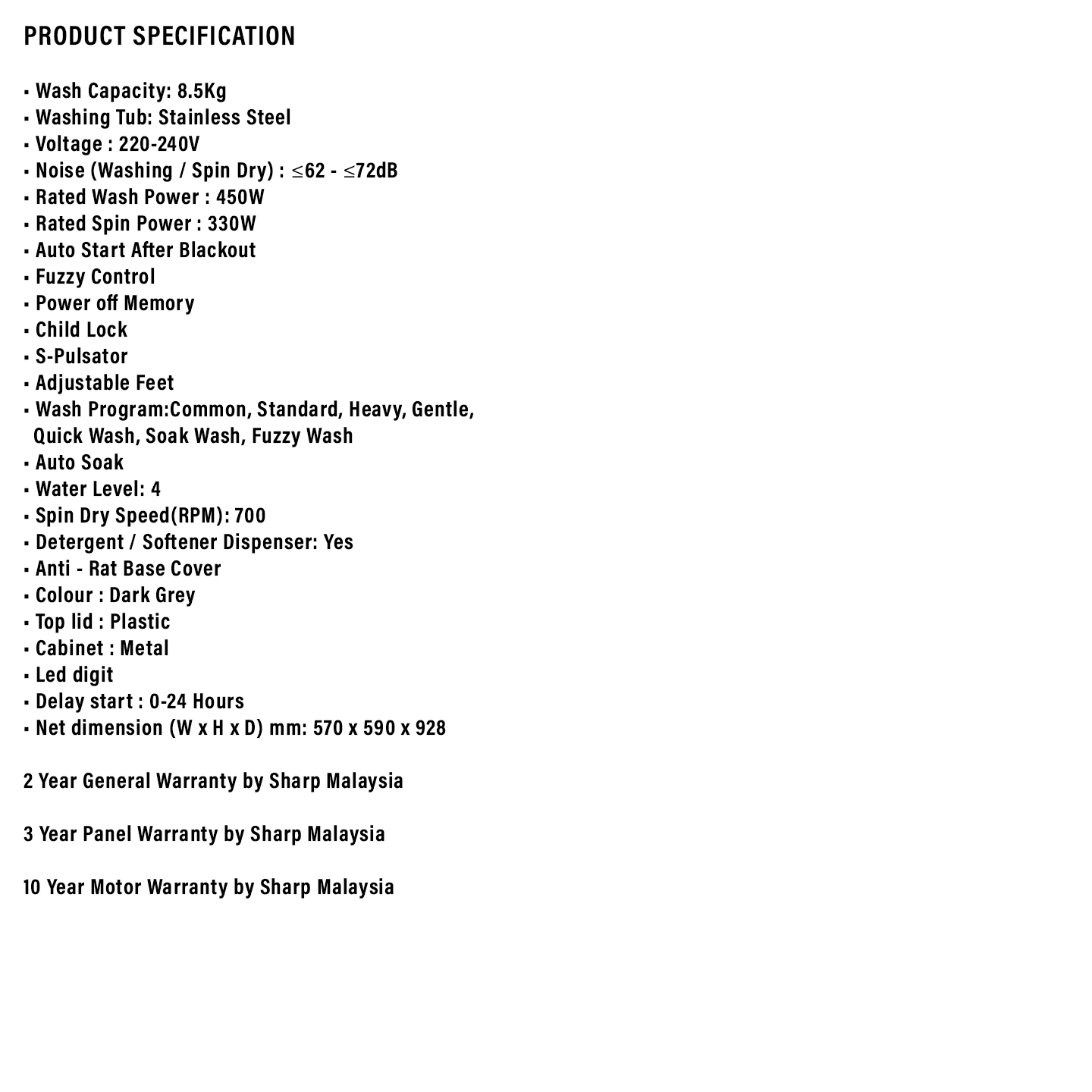 Sharp 8.5kg Top Load Washing Machine (ES821X)